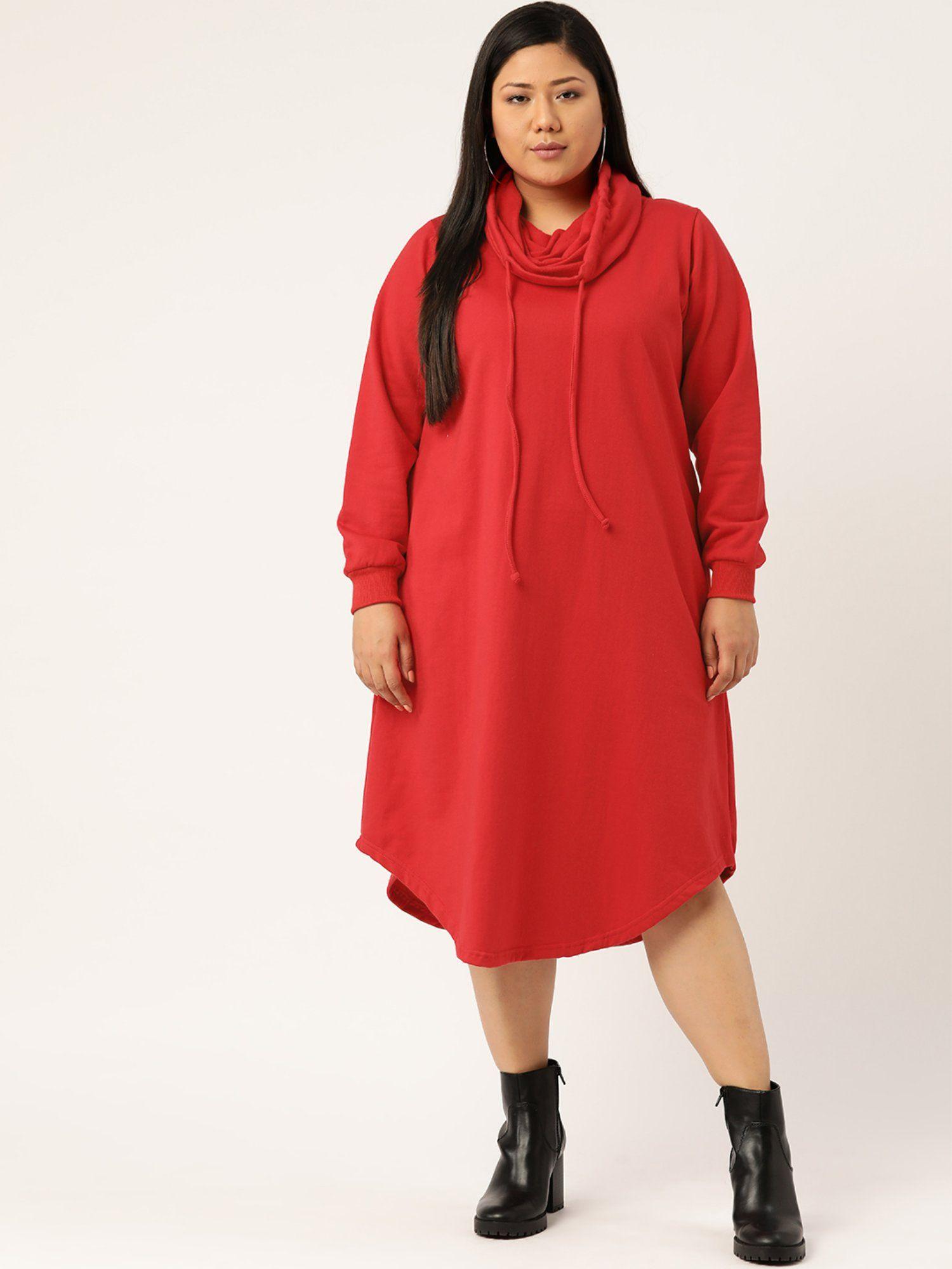 plus size women red solid color cowl neck winter dress