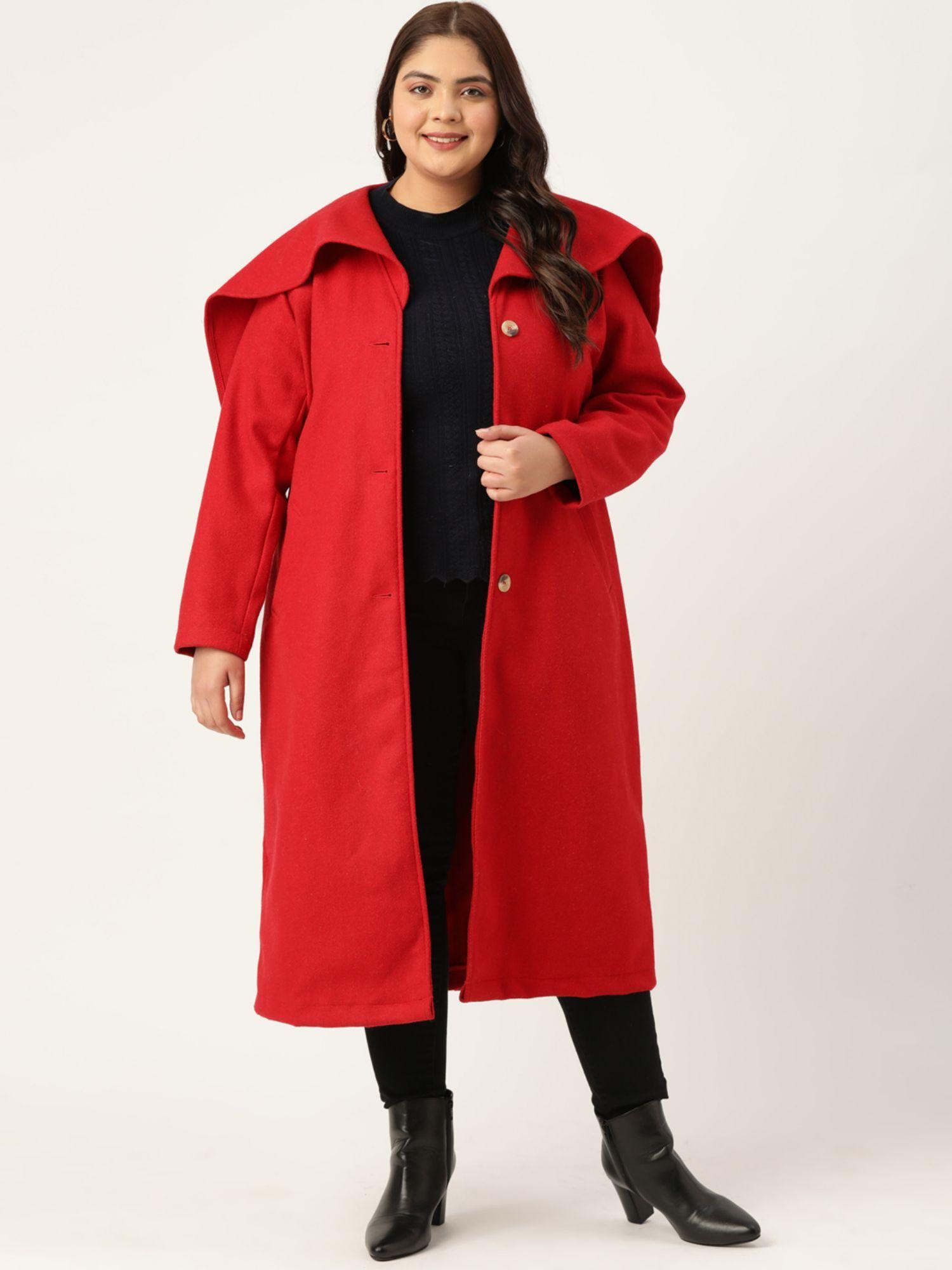 plus size women red solid color lapel collar longline jacket