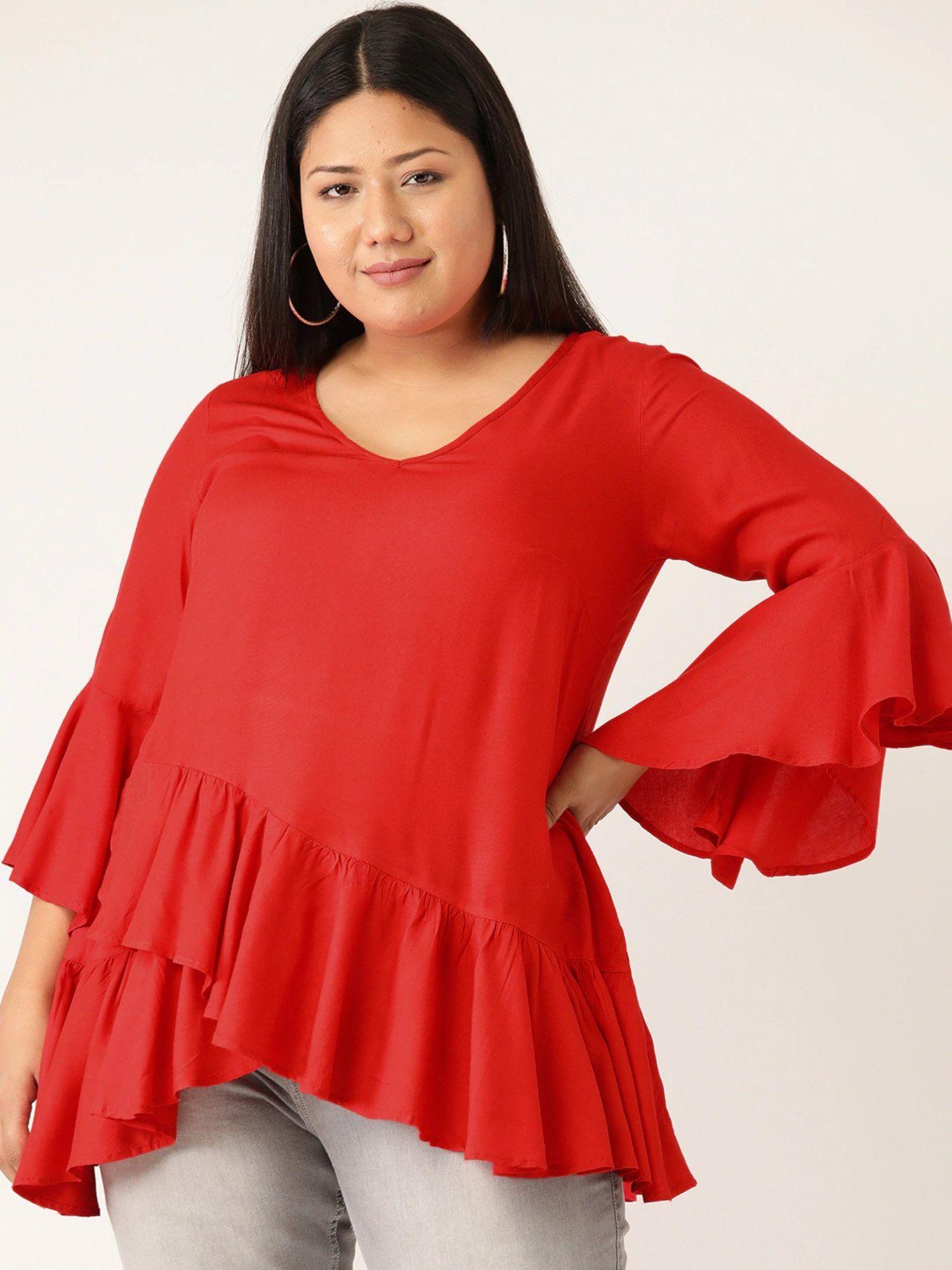 plus size women red solid color layered top