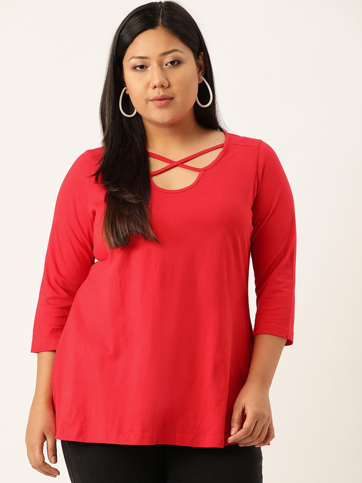 plus size women red solid cut out round neck cotton top