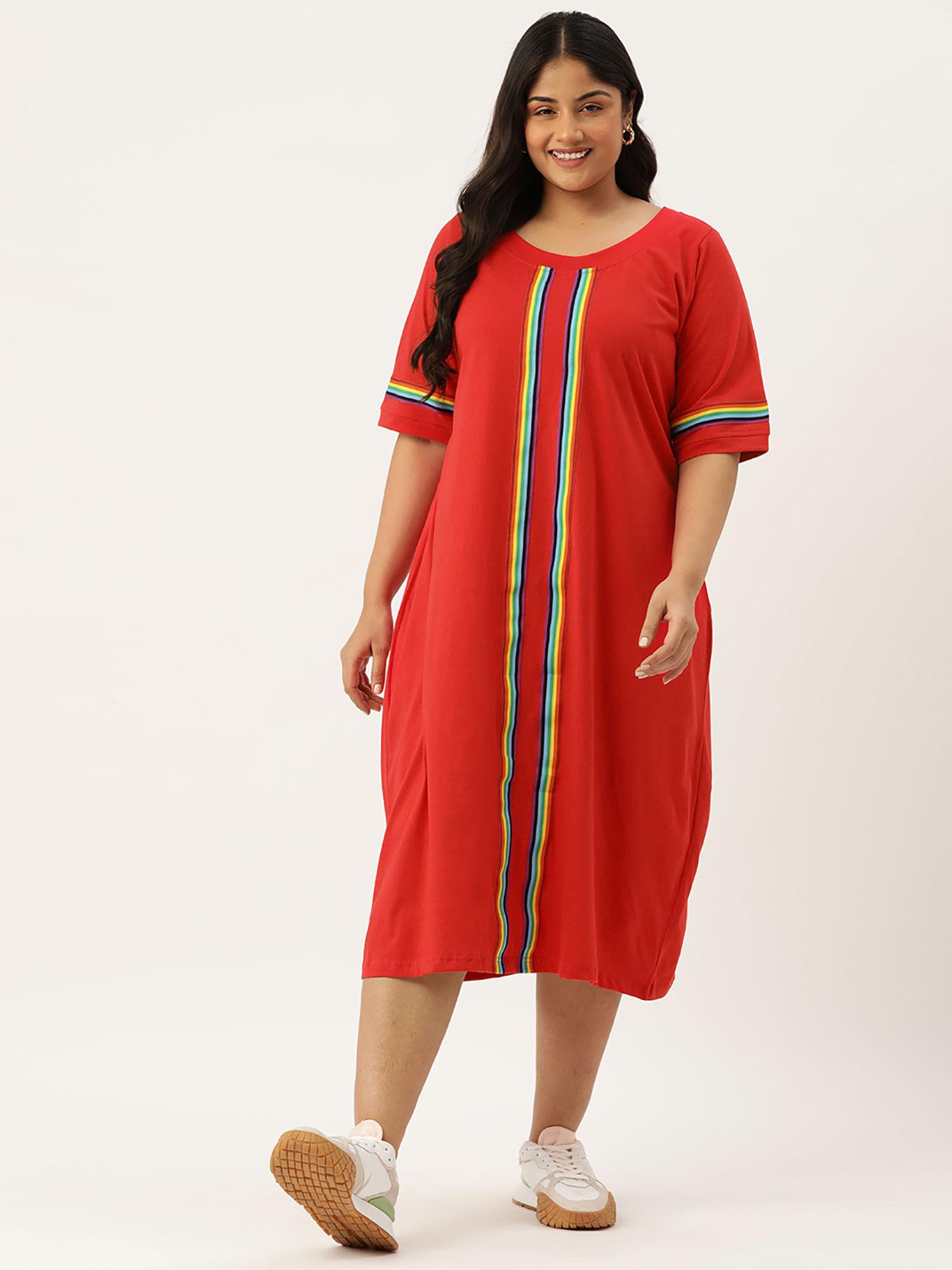 plus size women red solid knitted dress with tape
