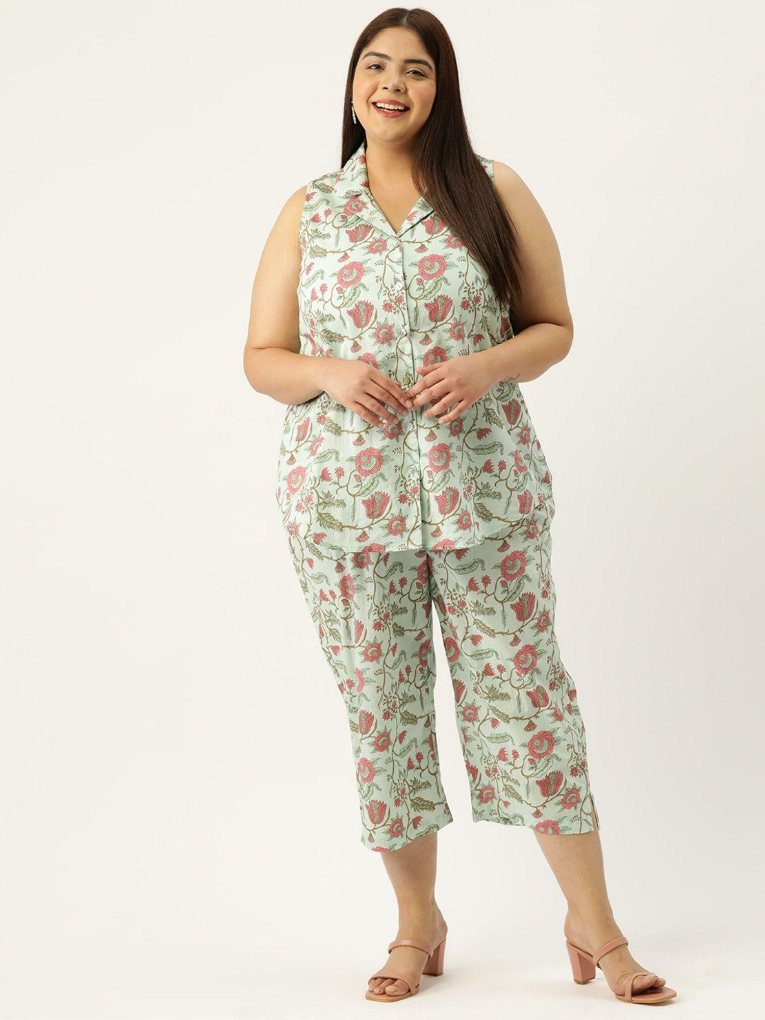 plus size women sea green floral print collar shirt with capri (set of 2)