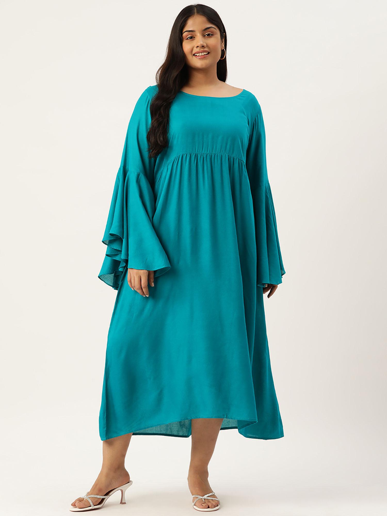 plus size women teal solid bell sleeves a-line midi dress
