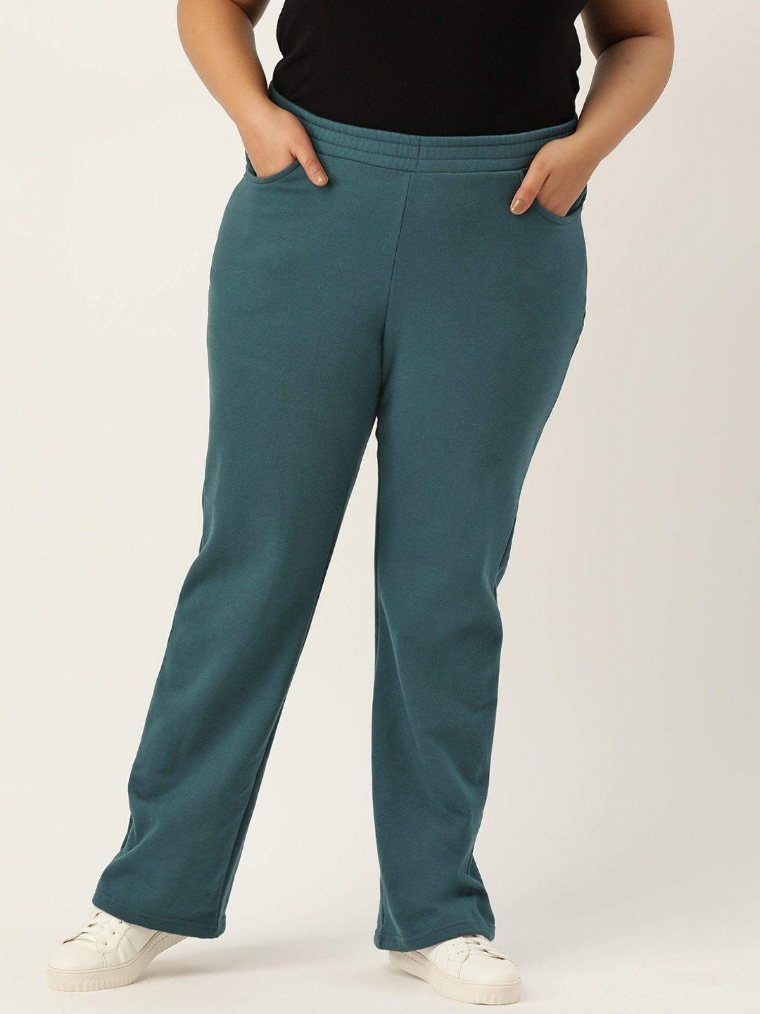 plus size women teal solid color elastic waist winter trousers