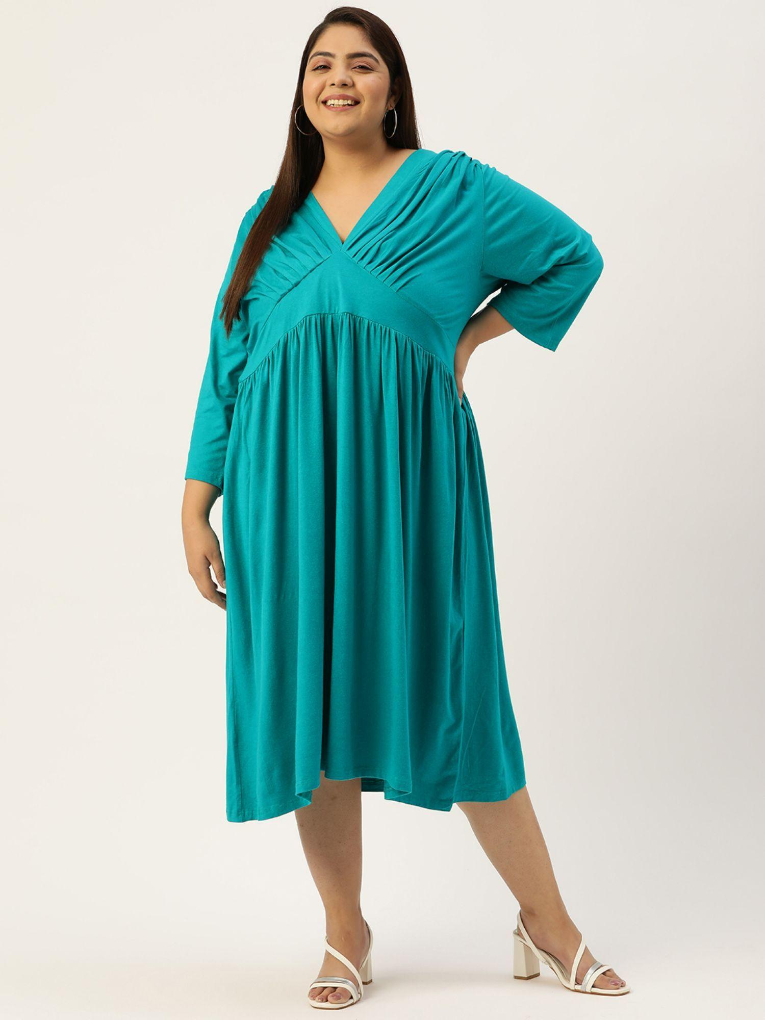 plus size women turquoise solid color viscose knitted a-line dress