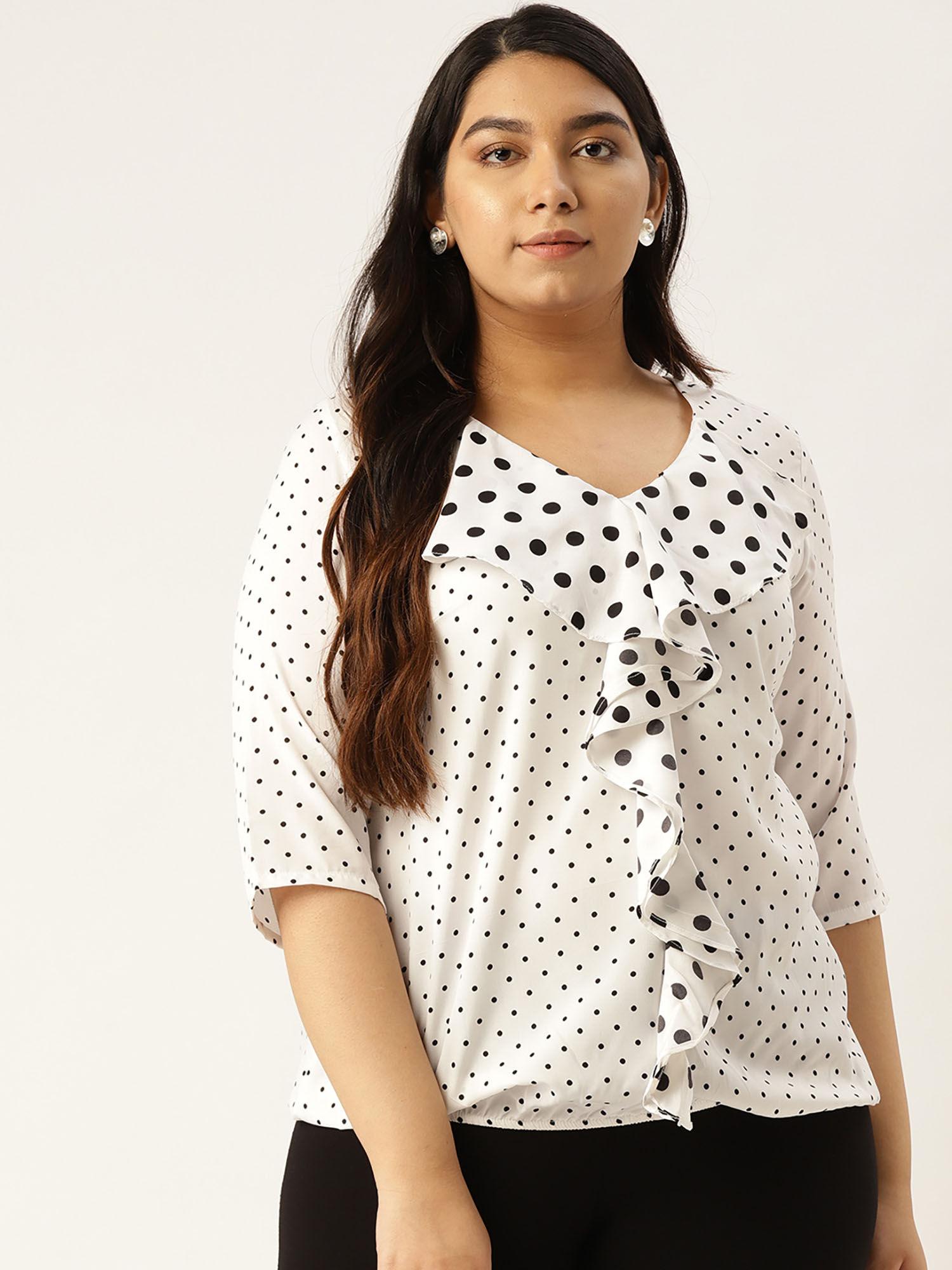 plus size women white and black polka dot printed ruffled top