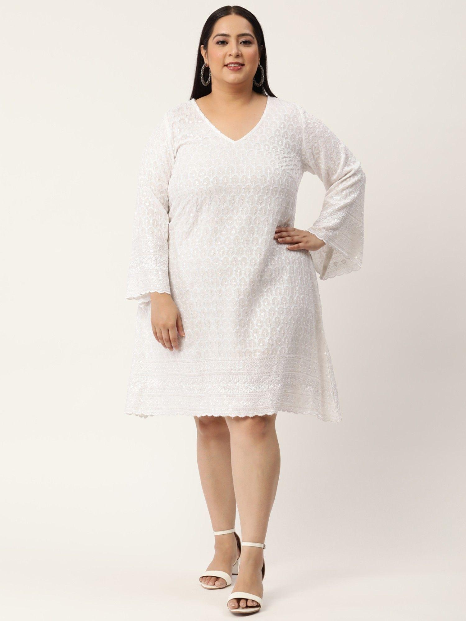 plus size women white color embroidered & sequinned a-line dress