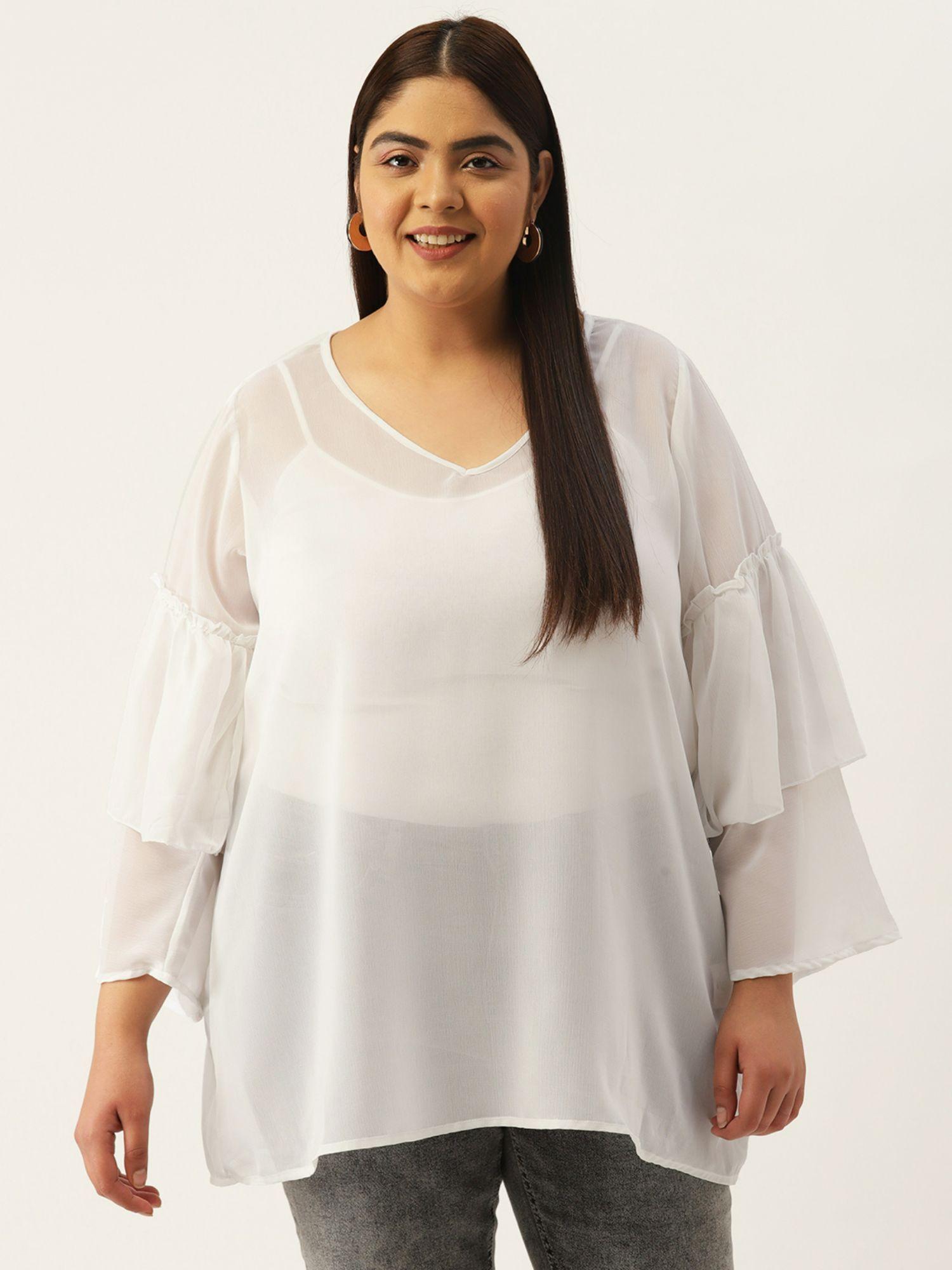 plus size women white solid bell sleeves georgette longline top