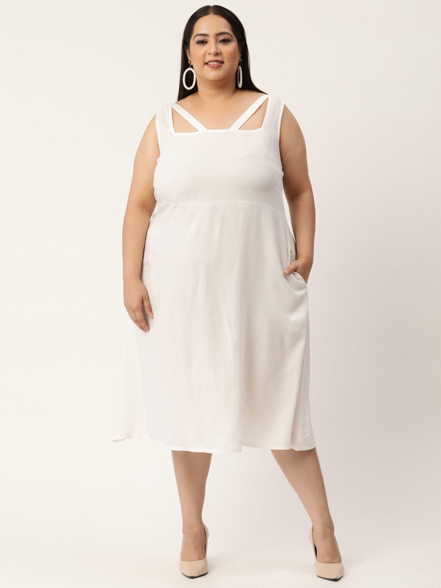 plus size women white solid color a-line midi dress