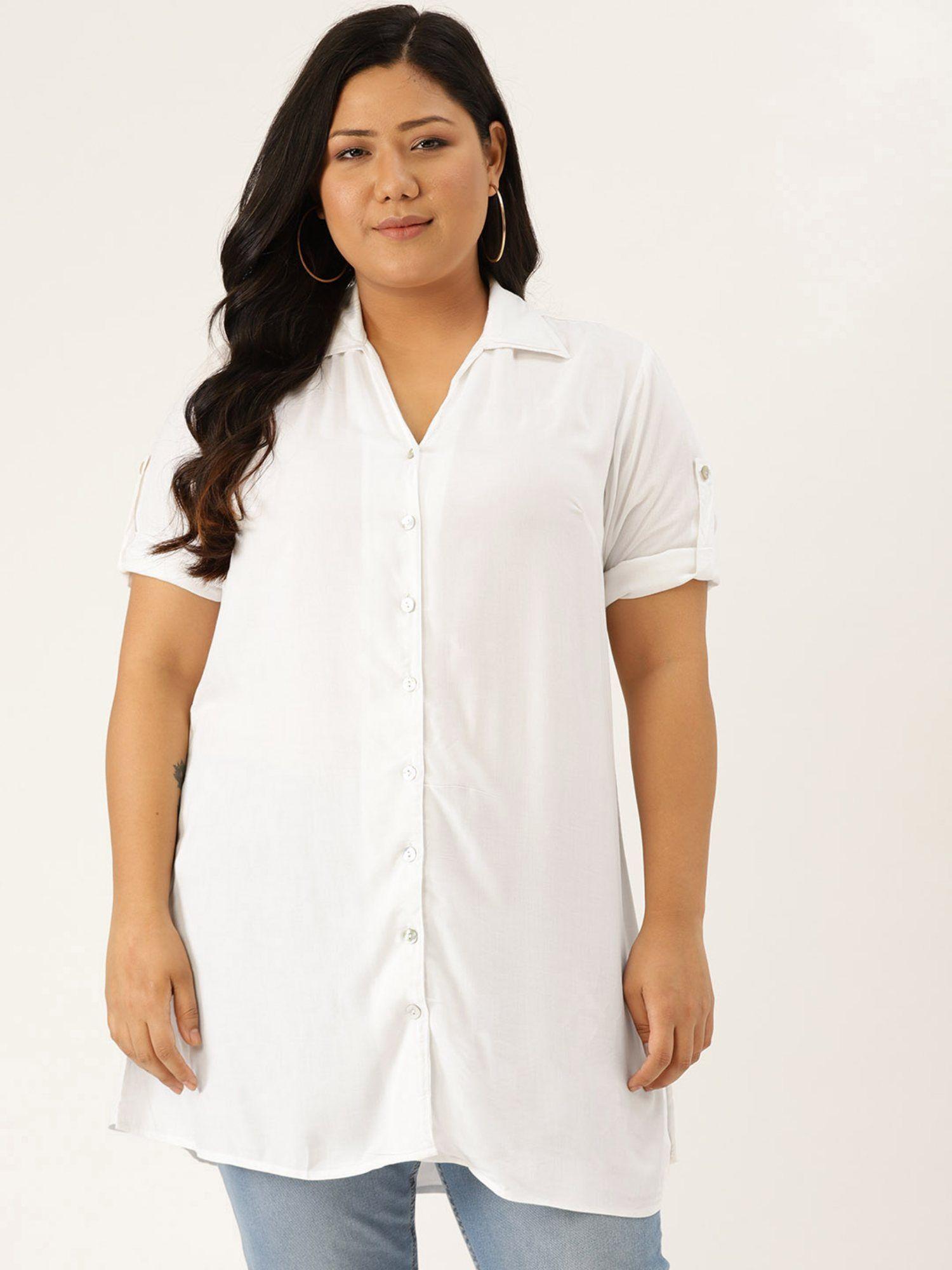 plus size women white solid color casual collar shirt