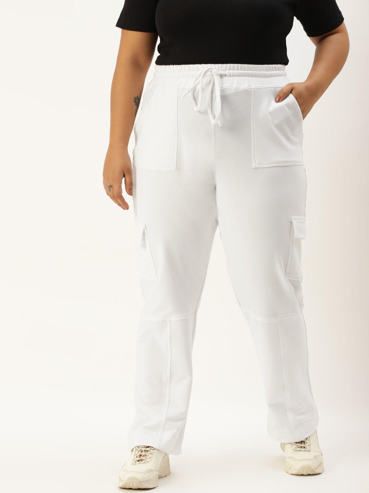 plus size women white solid color cotton cargo trouser