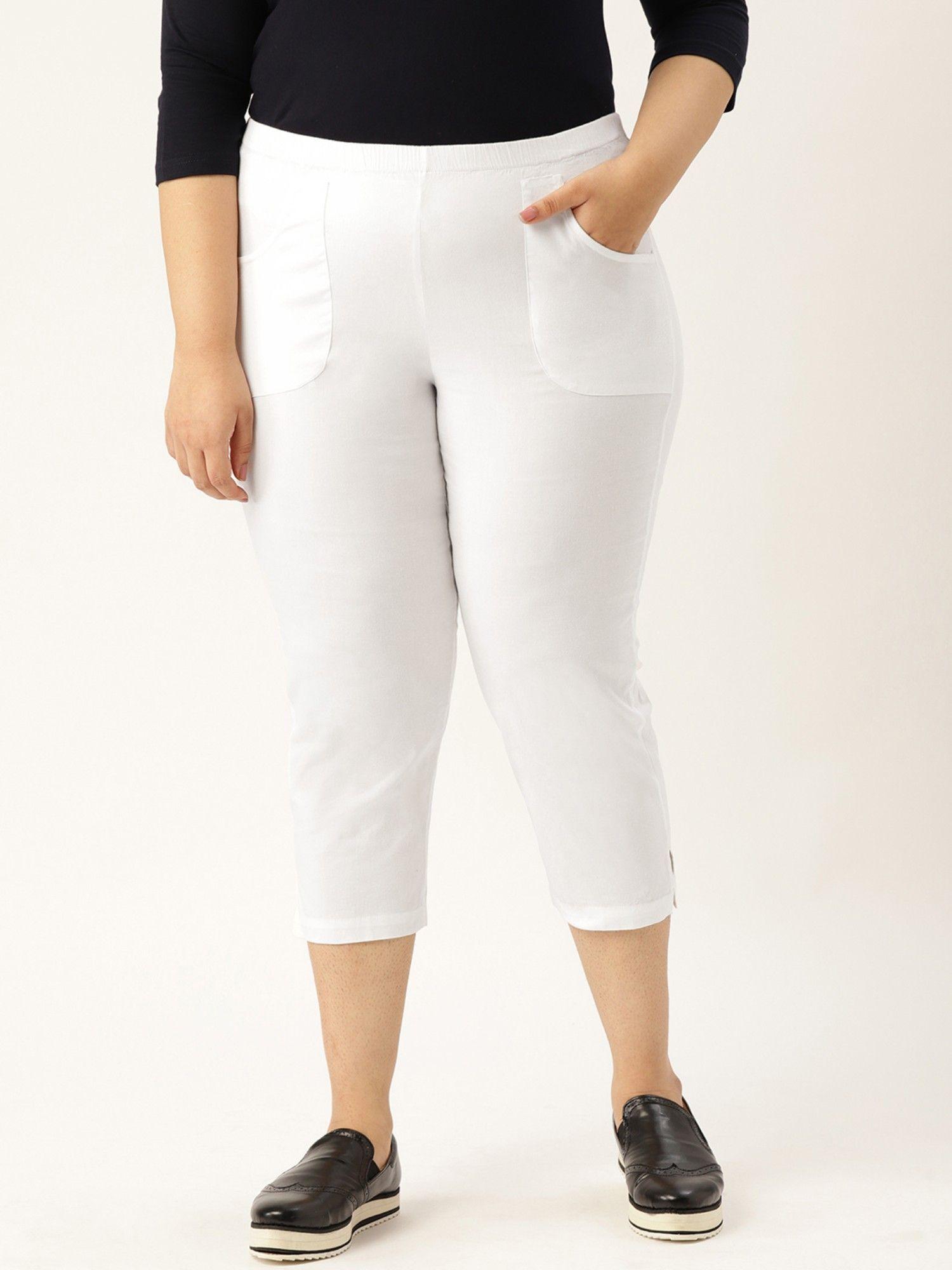 plus size women white solid color cotton woven capri