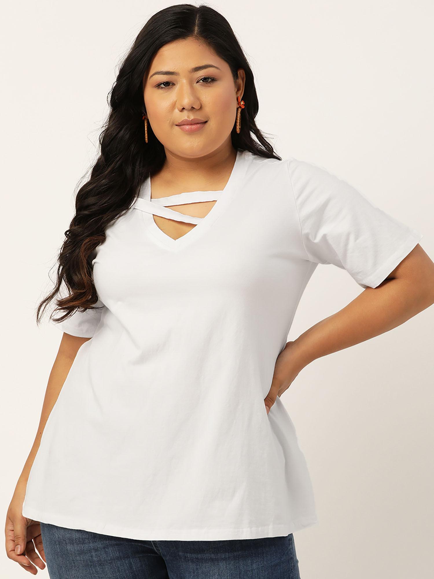 plus size women white solid color cut out detail cotton top