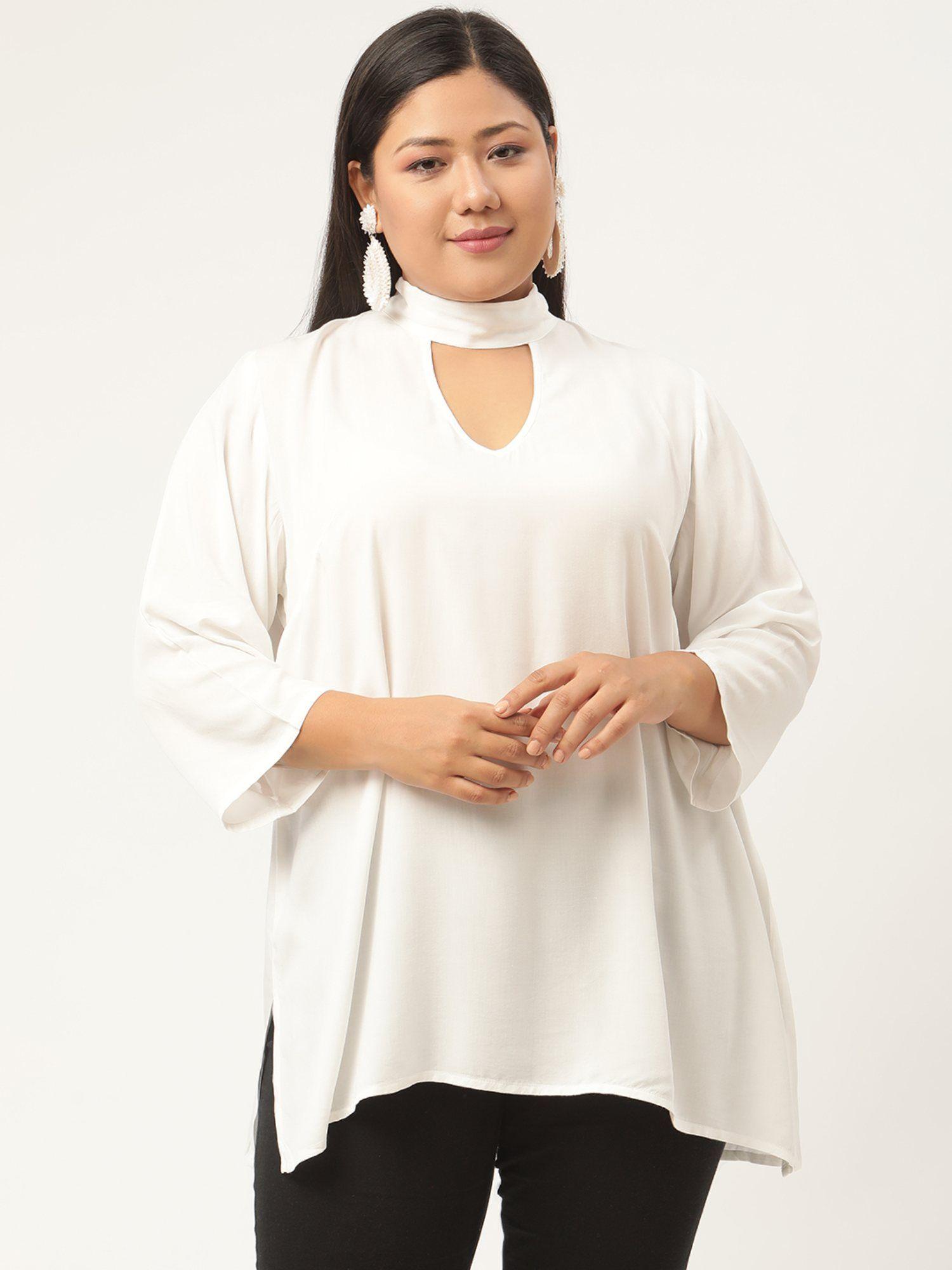 plus size women white solid color high neck top