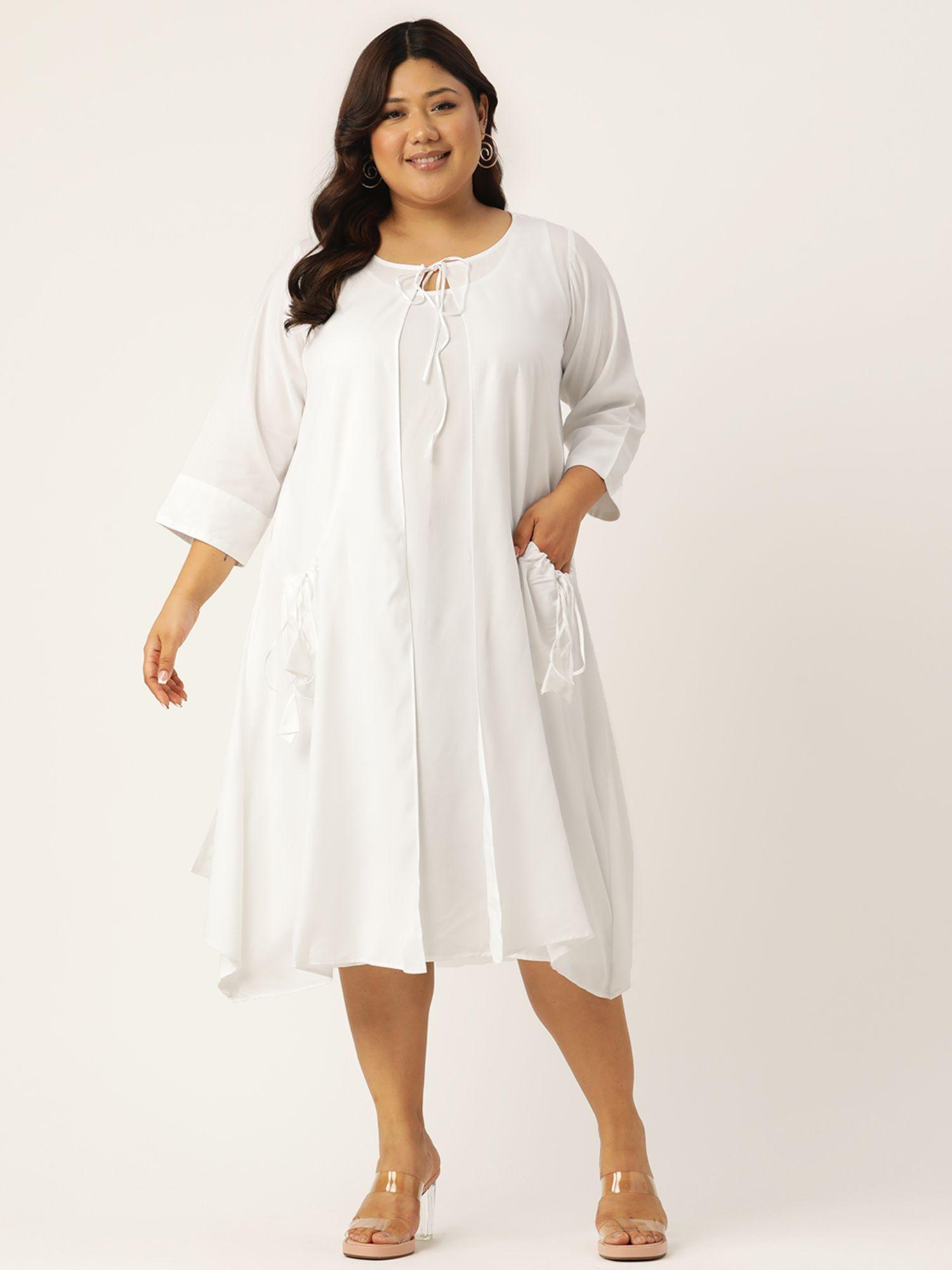 plus size women white solid color round neck layered midi dress (set of 2)