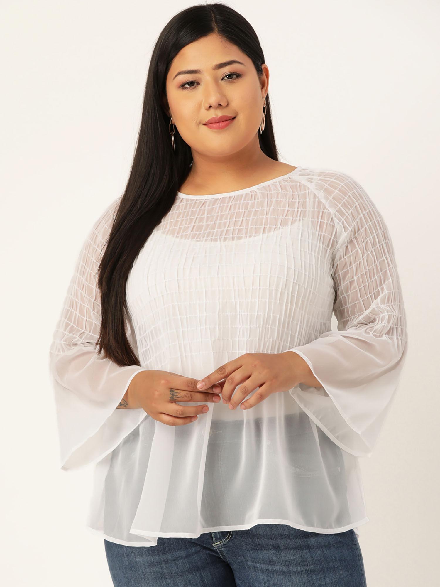 plus size women white solid color smocked sheer peplum top