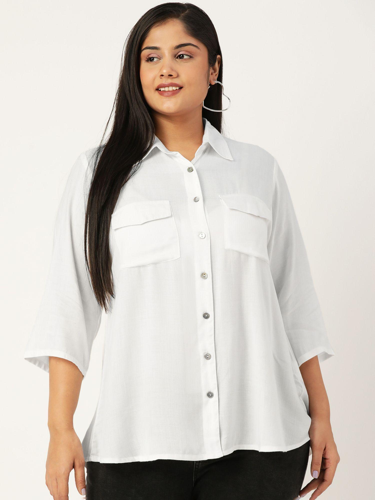 plus size women white solid colour spread collar casual shirt
