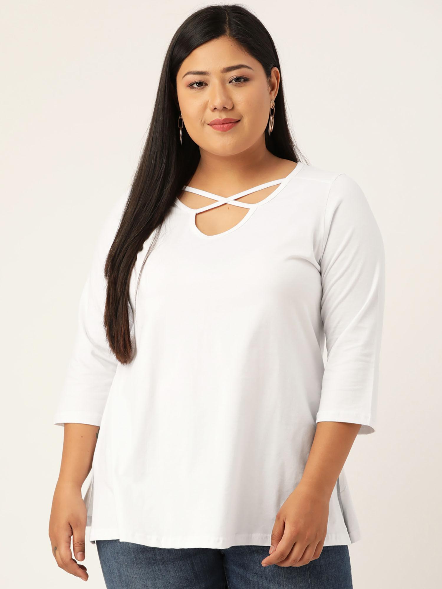 plus size women white solid cut out round neck cotton top