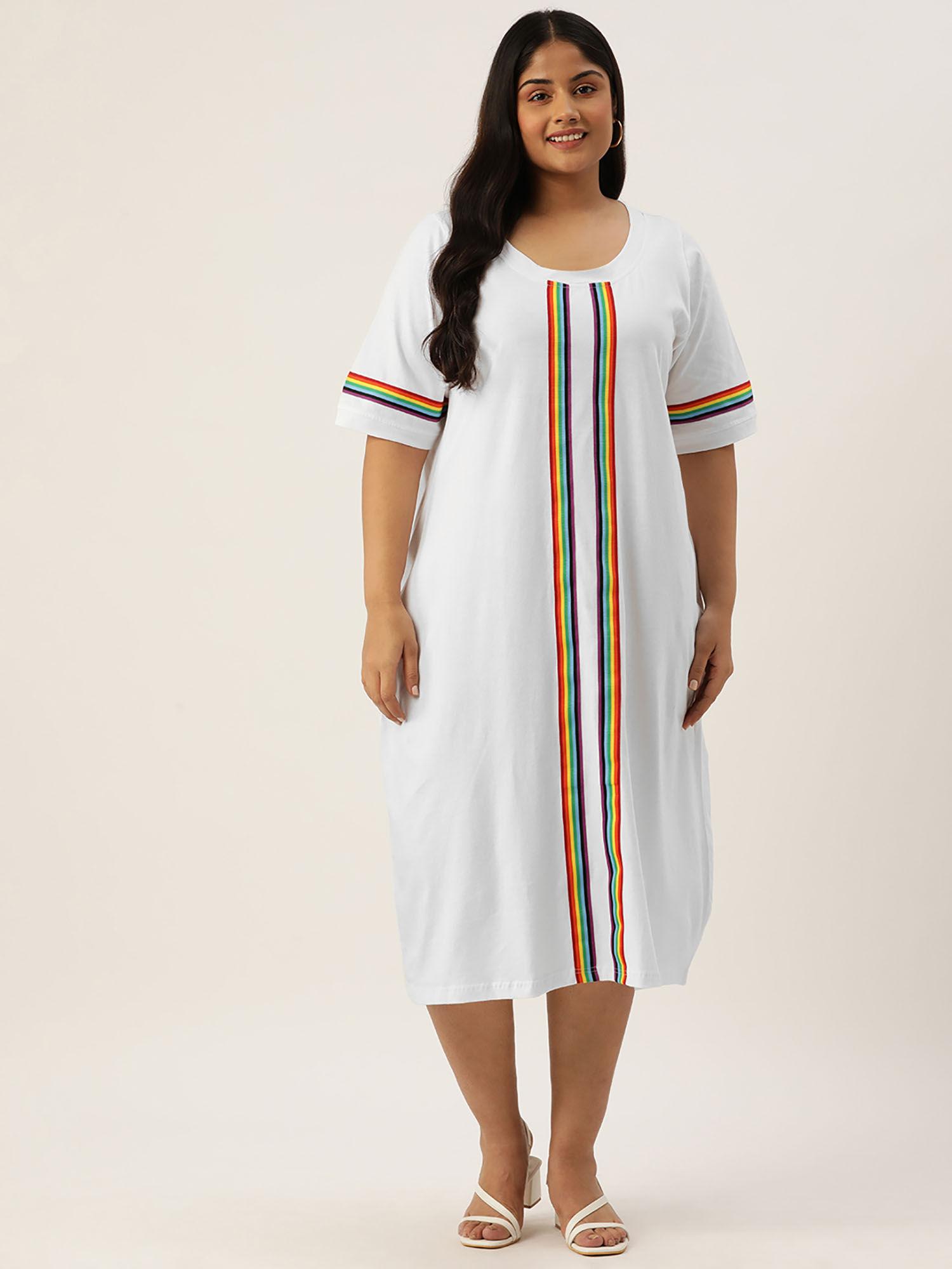 plus size women white solid knitted dress with tape