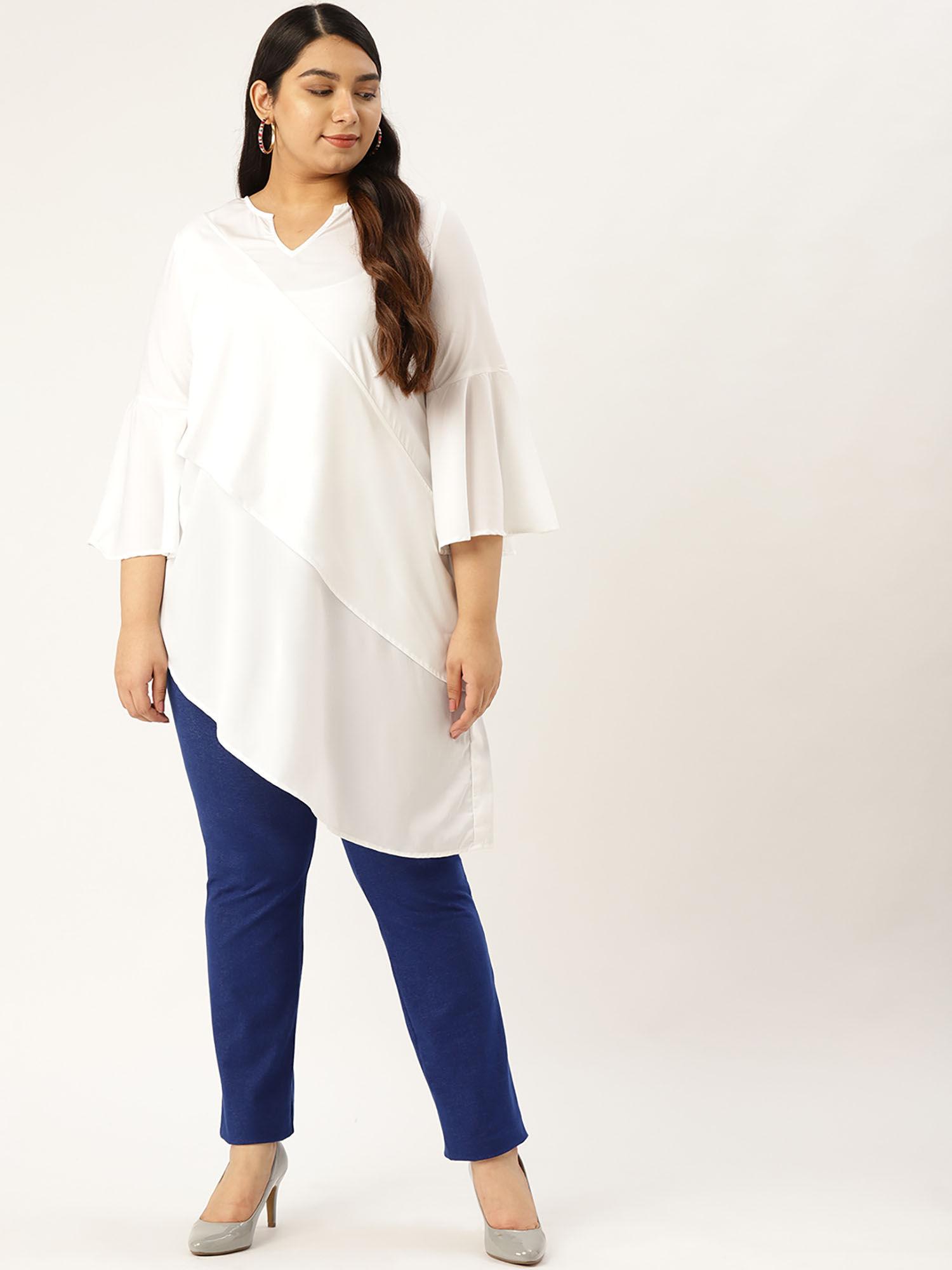 plus size women white solid layered asymmetric a-line top