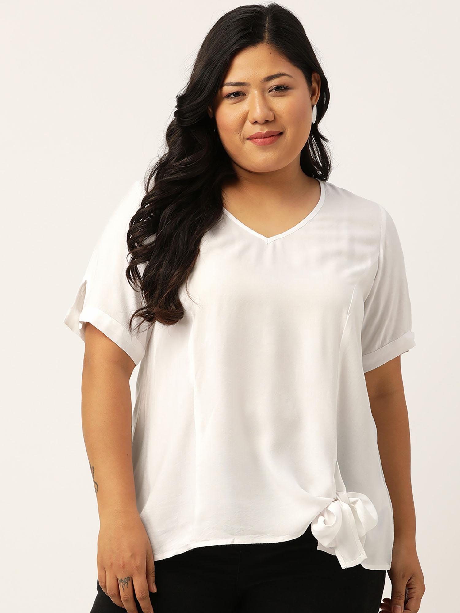 plus size women white solid v-neck top with tie-up detail