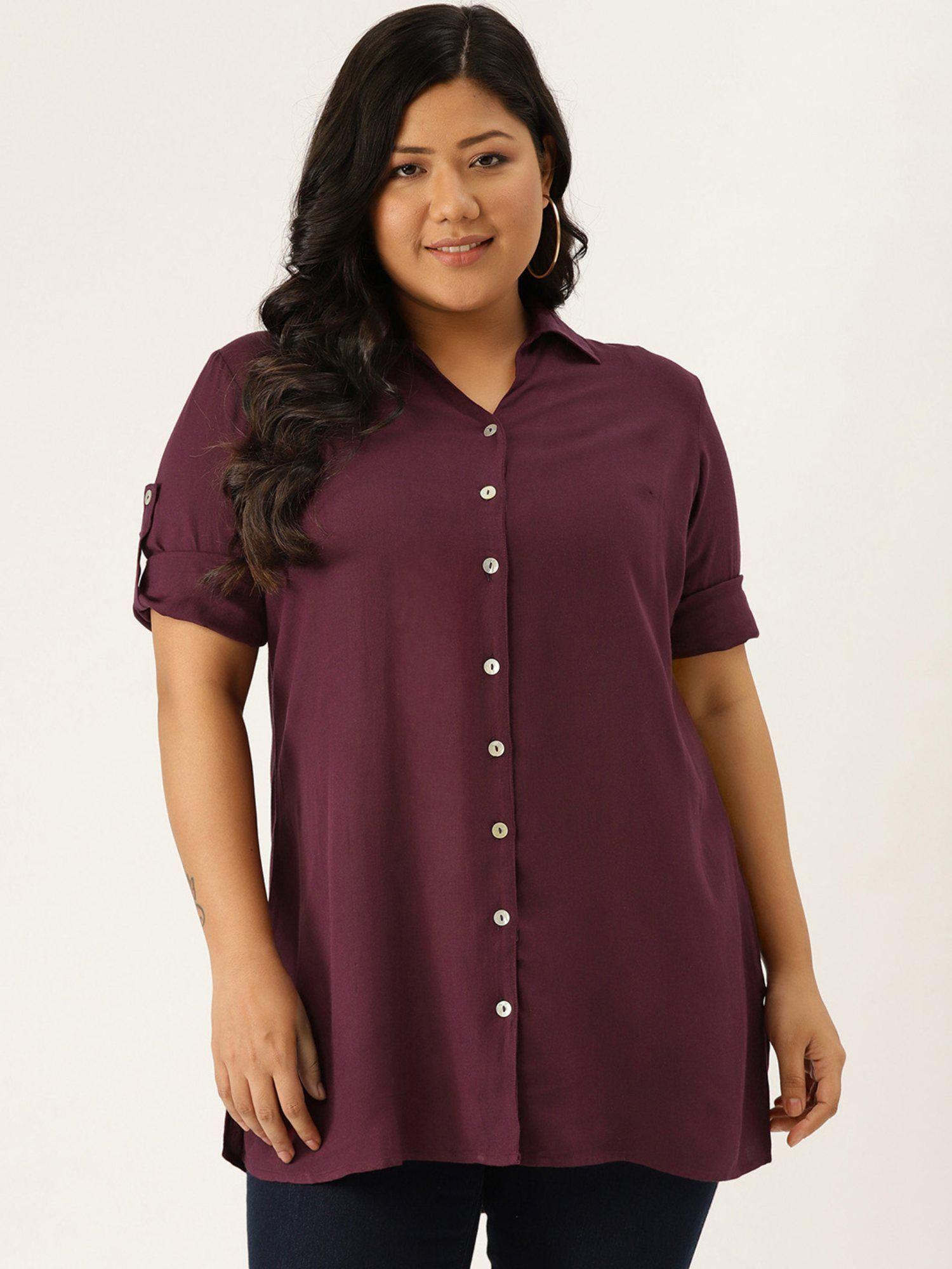 plus size women wine solid color casual collar shirt