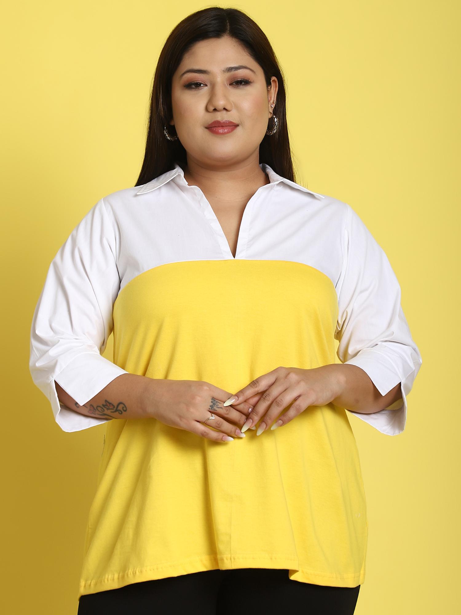 plus size women yellow & white color block shirt collar top