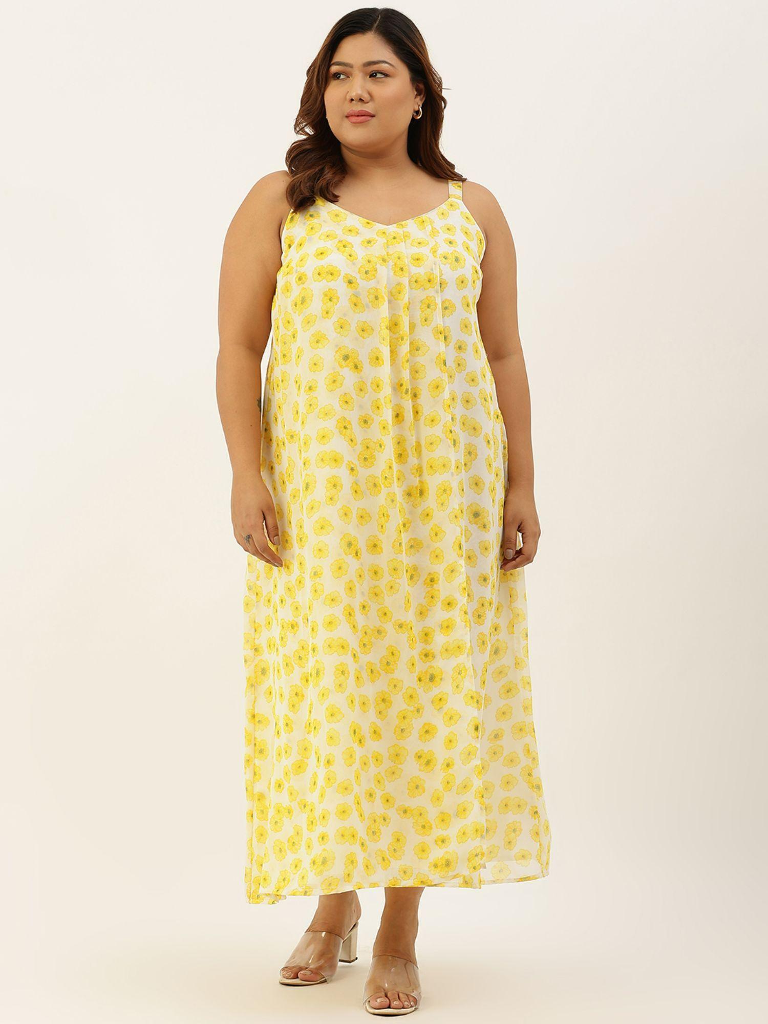 plus size women yellow floral printed a-line sleeveless maxi dress