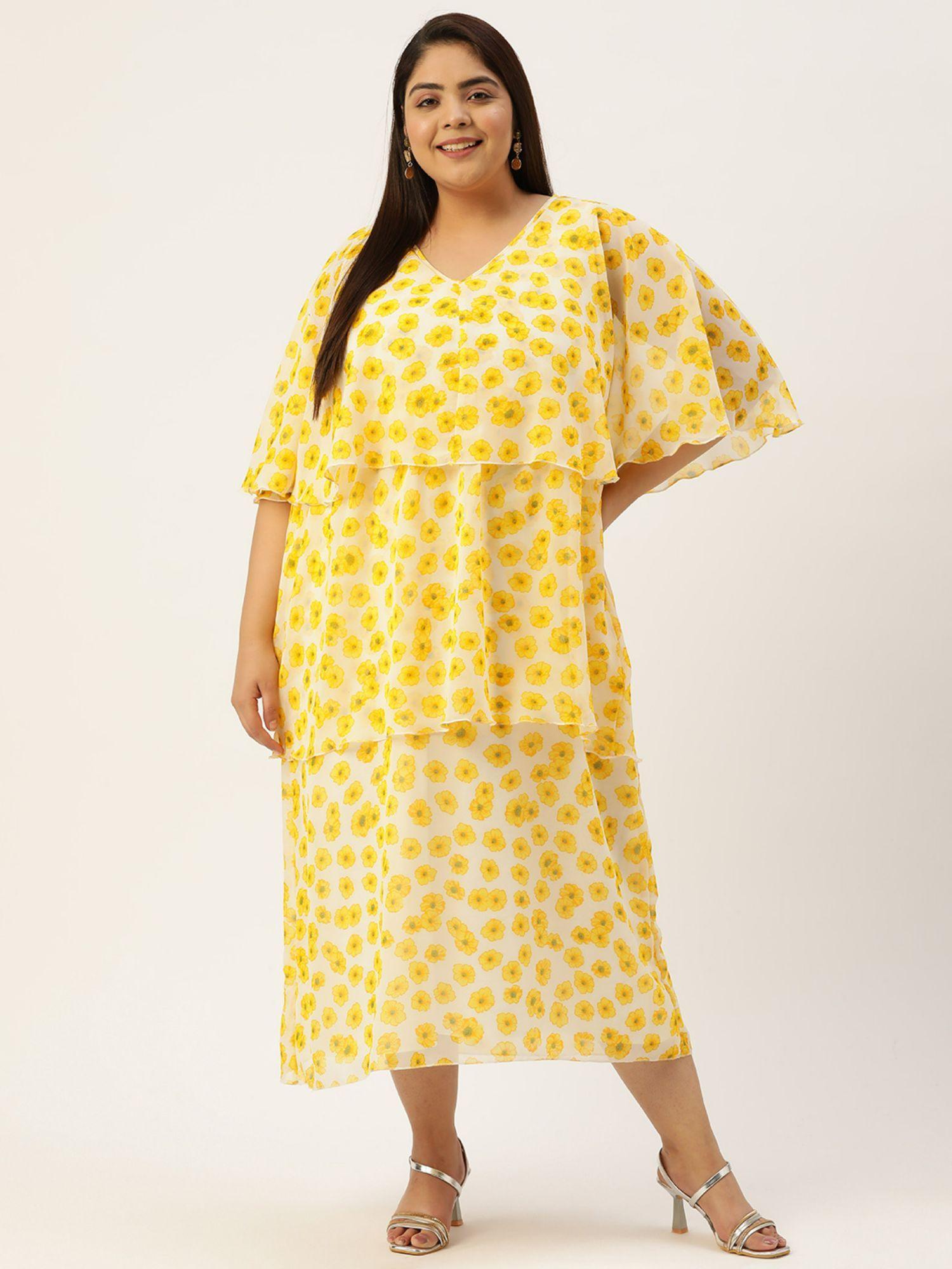 plus size women yellow floral printed georgette layered midi dress