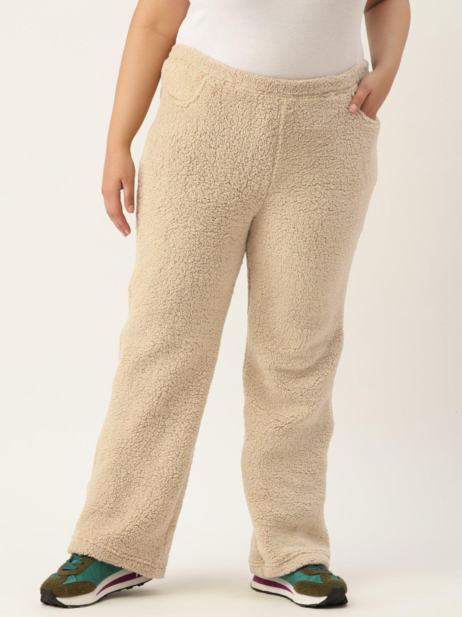 plus size womens beige solid color fur winter trouser