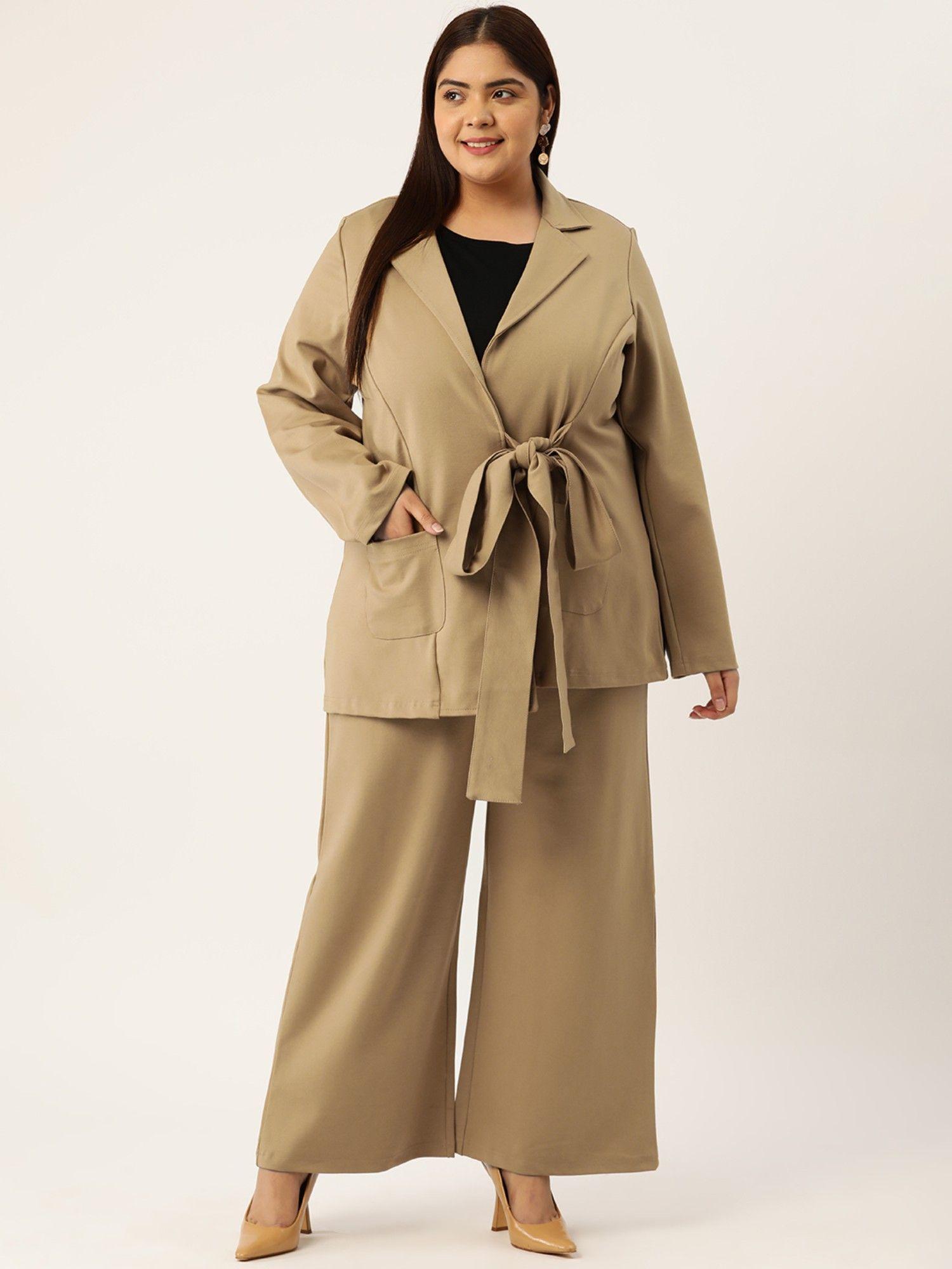 plus size womens beige solid color shrug with flared trouser (set of 2)