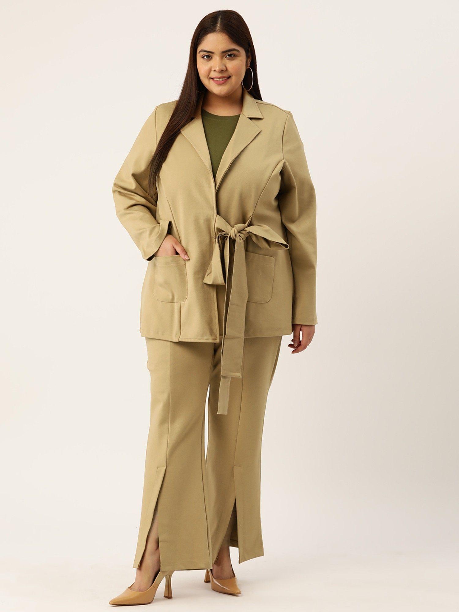 plus size womens beige solid color shrug with pleated trouser (set of 2)