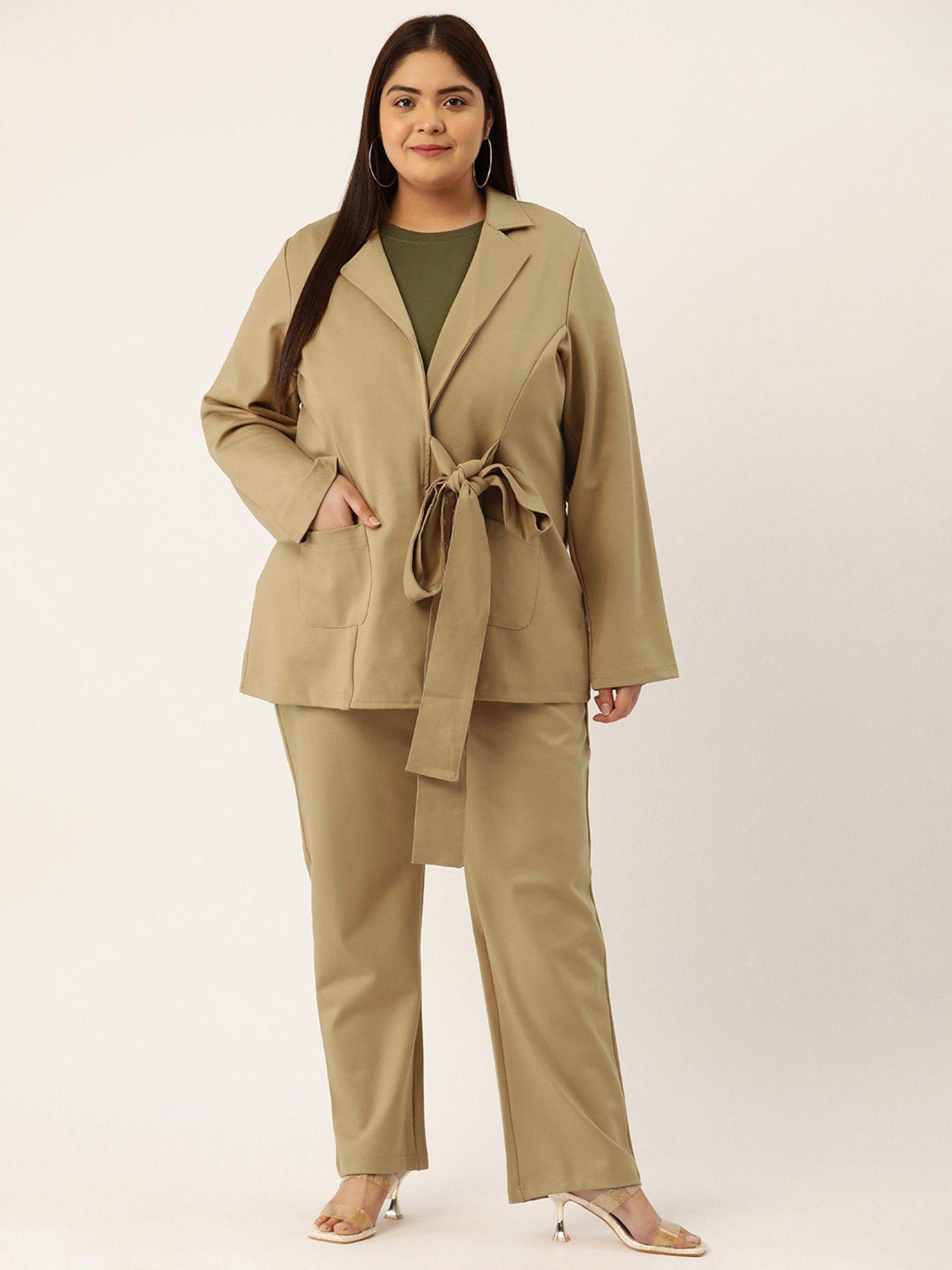 plus size womens beige solid color shrug with trouser (set of 2)