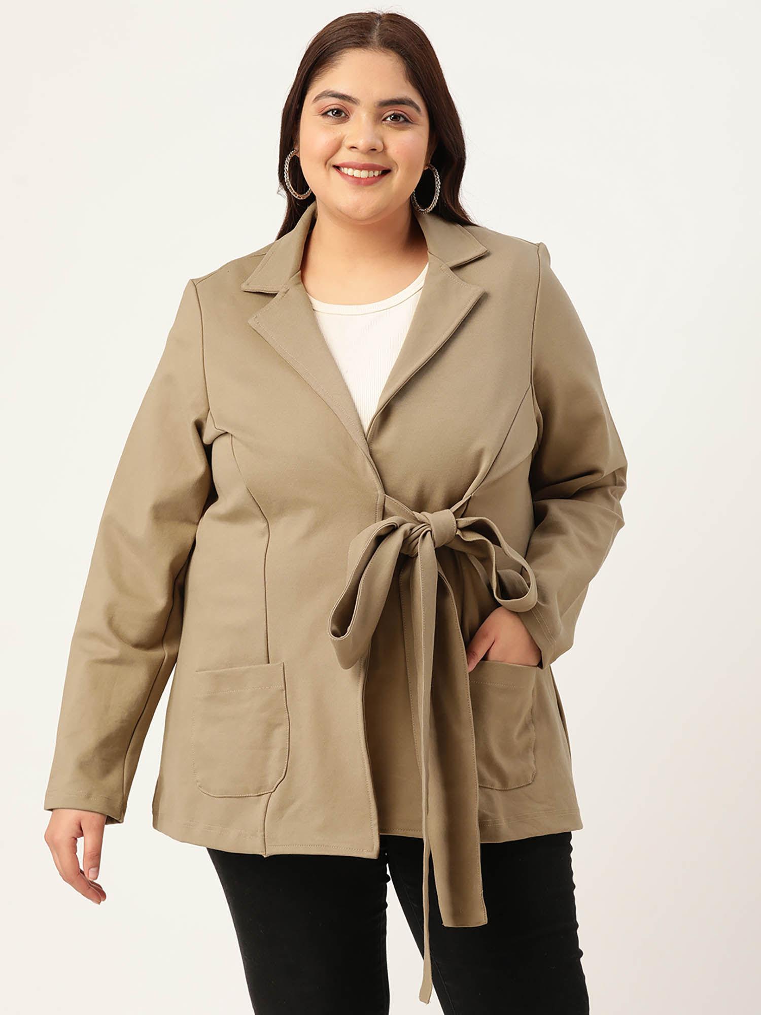 plus size womens beige solid color tie-up shrug