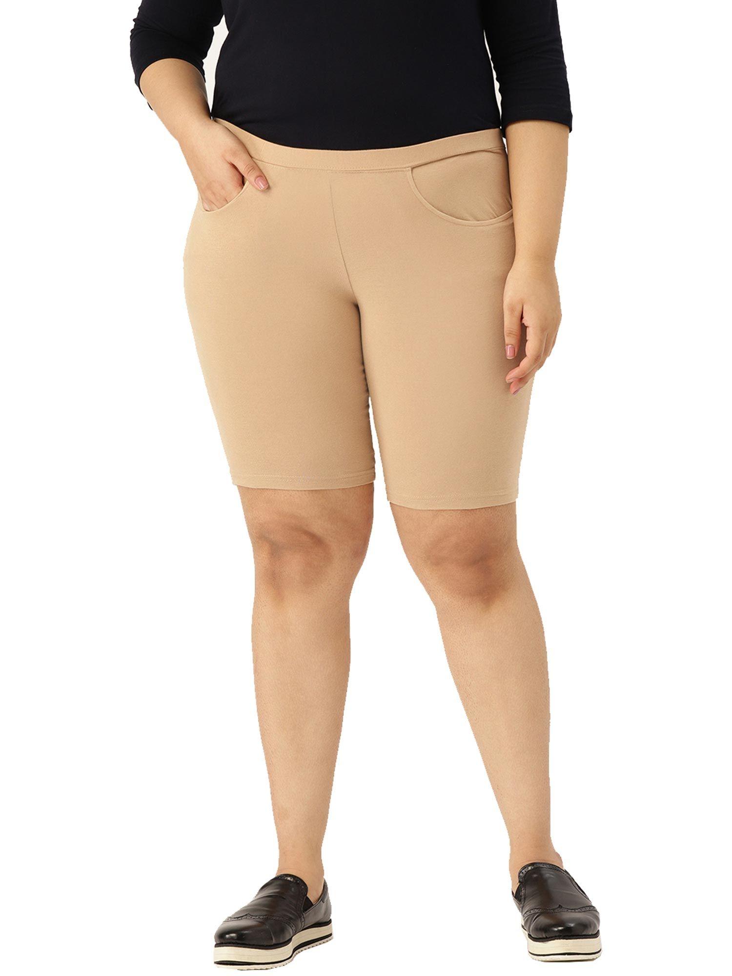 plus size womens beige solid cotton shorts