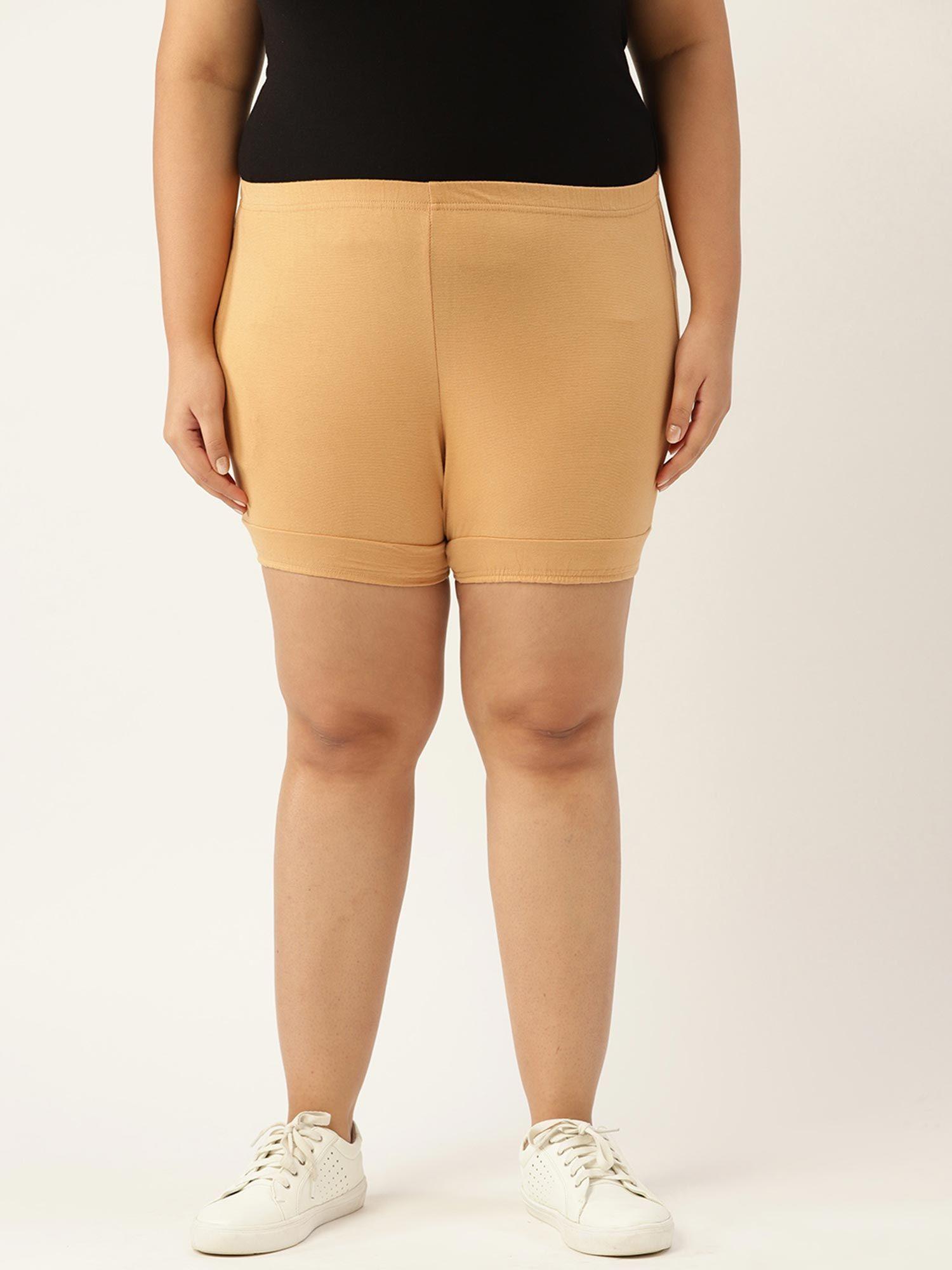 plus size womens beige solid cotton yoga shorts