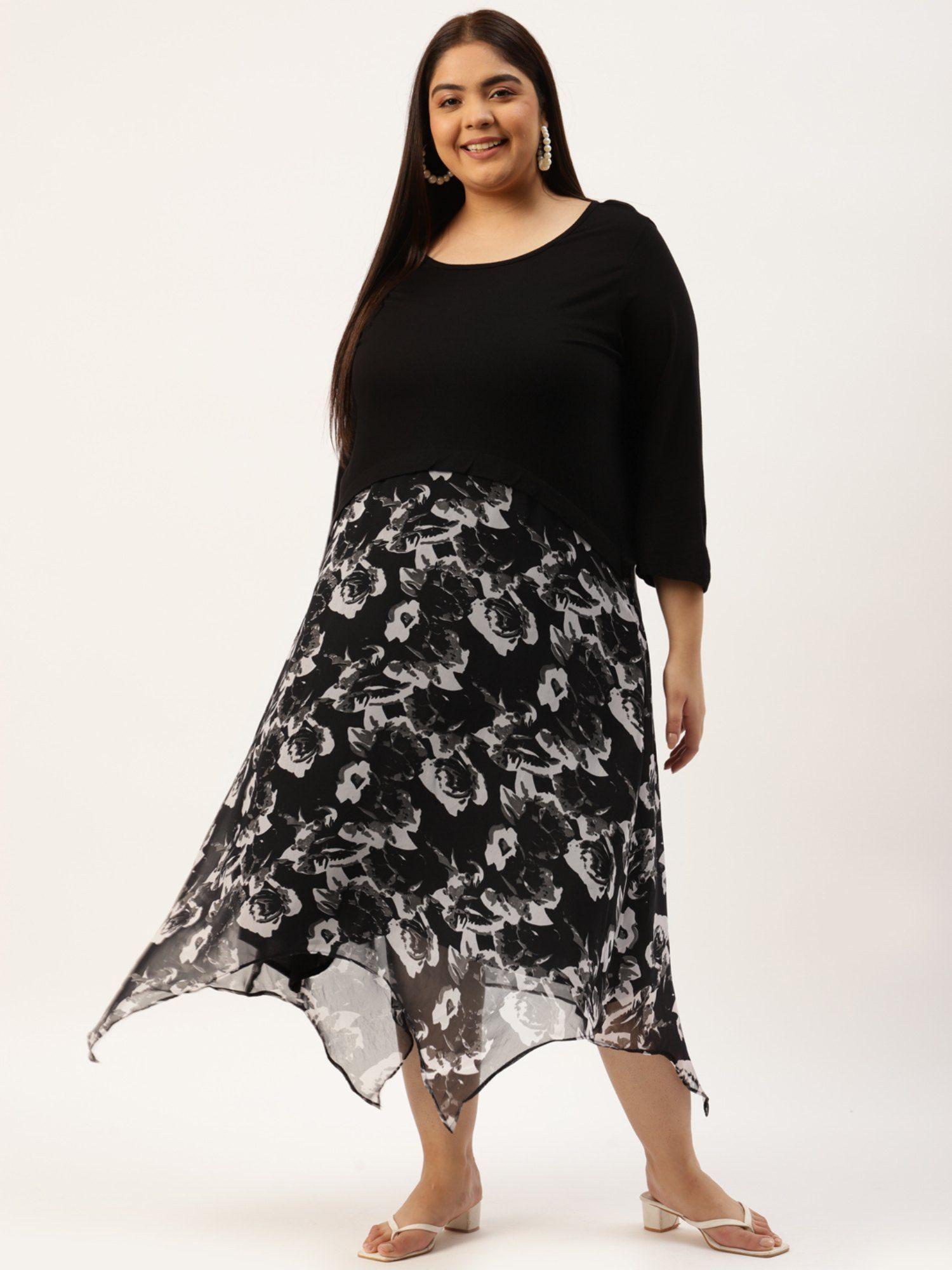 plus size womens black & off-white floral printed georgette a-line midi dress