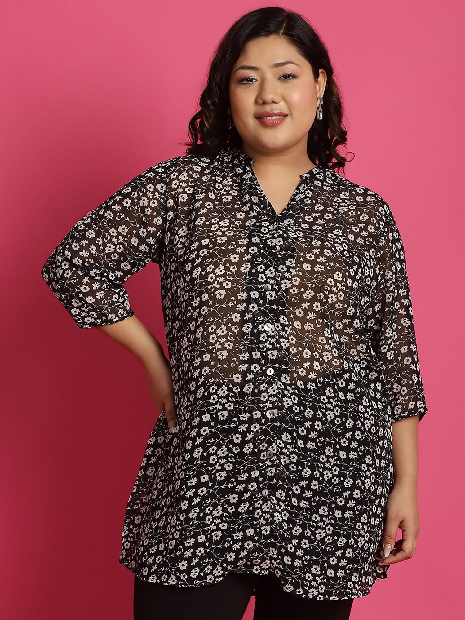 plus size womens black & white floral print longline casual shirt