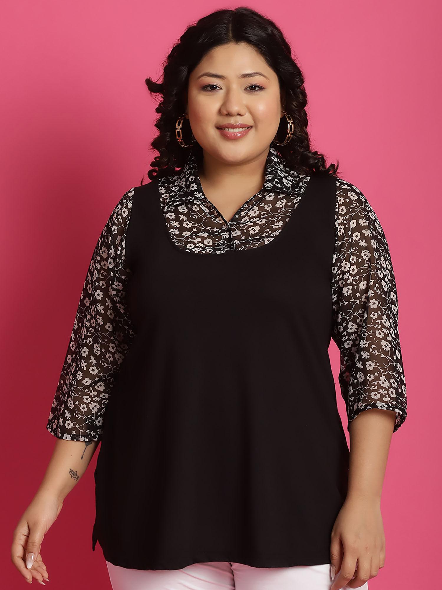 plus size womens black & white floral printed top