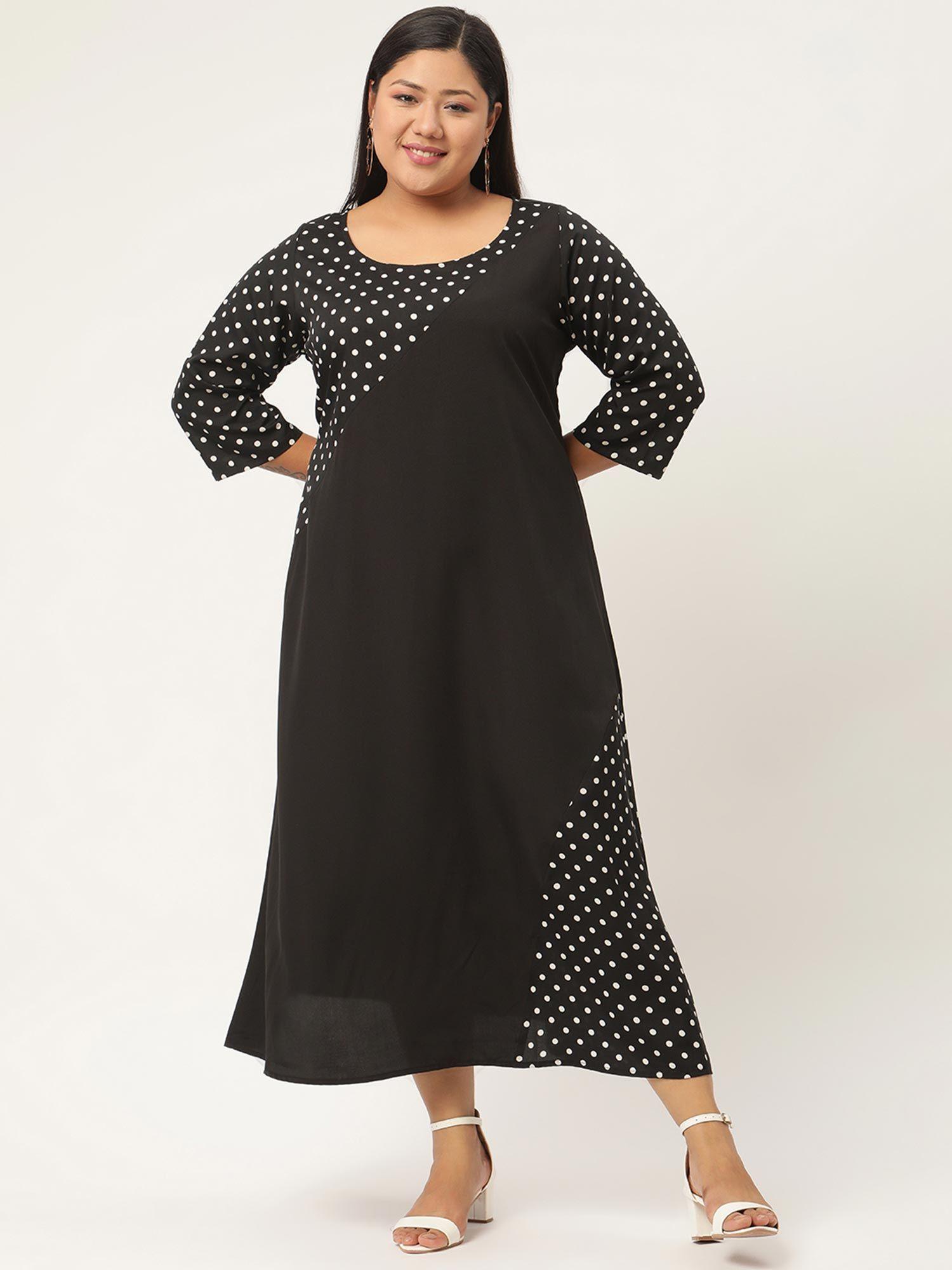 plus size womens black & white polka dot printed crepe a-line midi dress