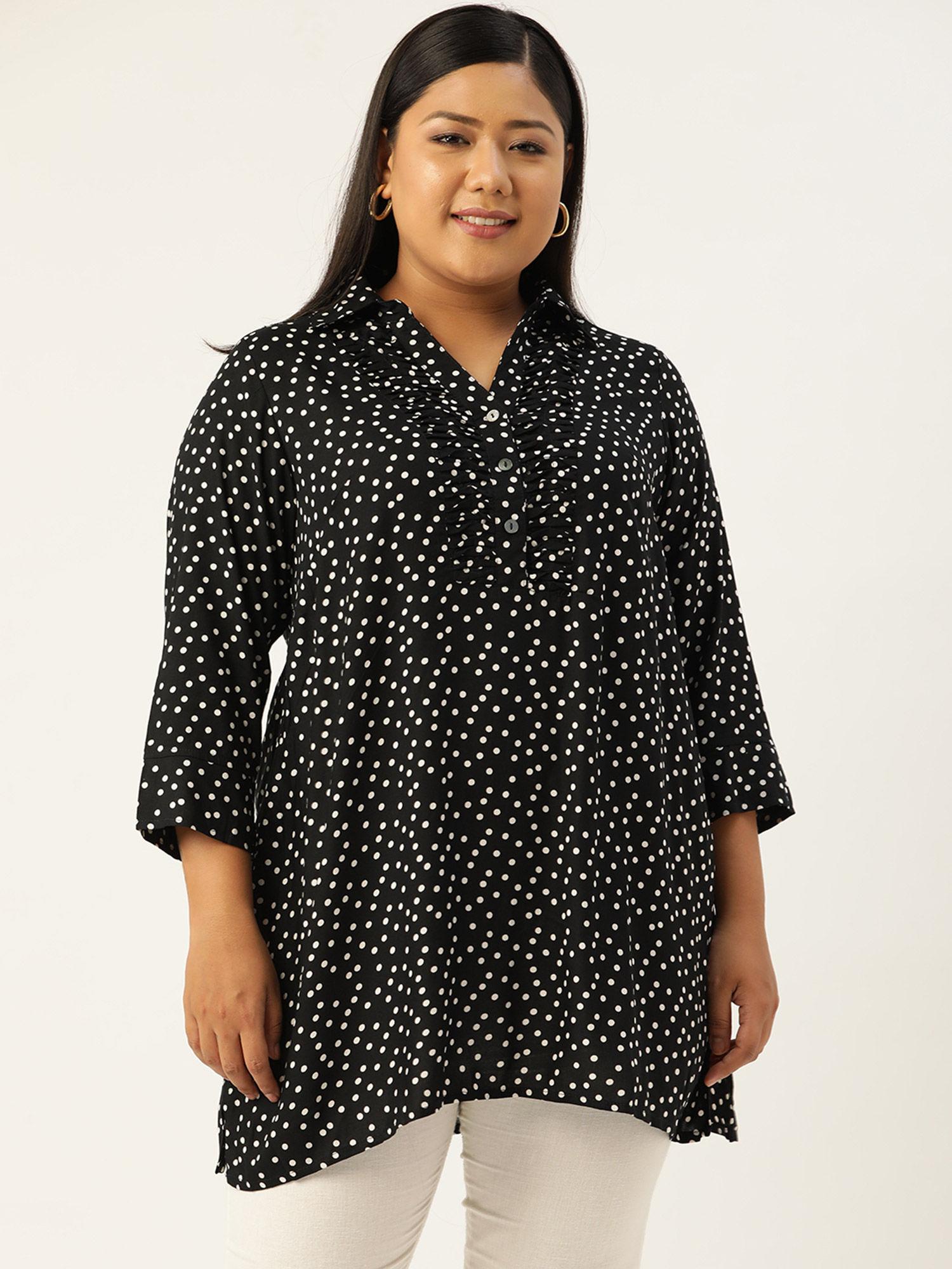 plus size womens black & white polka dot printed shirt collar tunic top