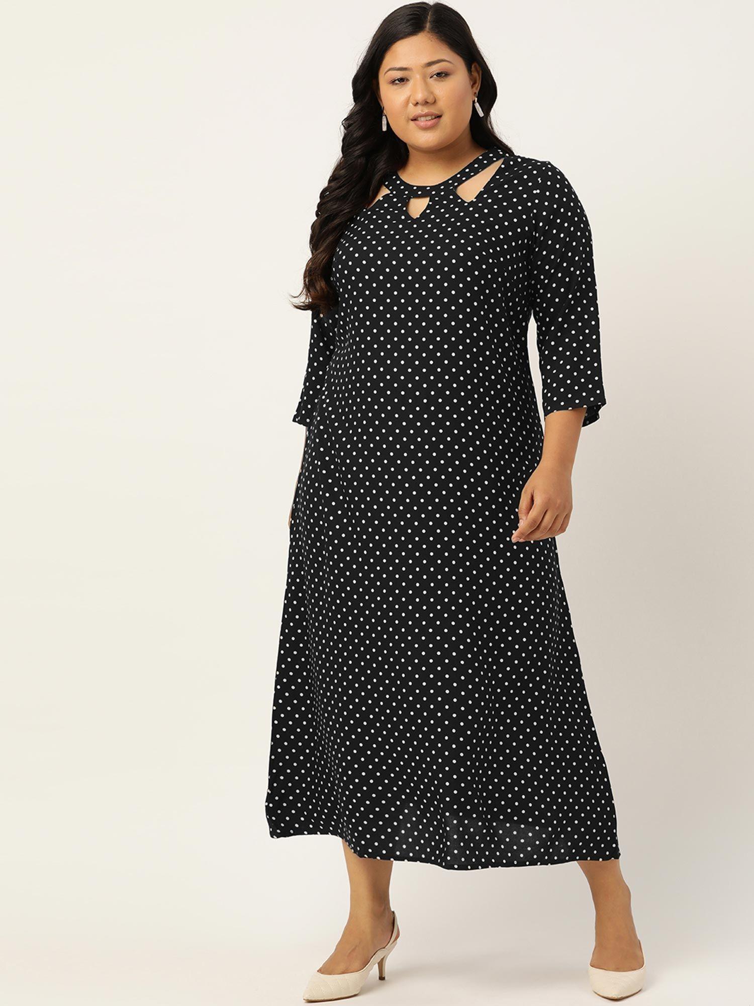 plus size womens black & white polka dots printed a-line midi dress