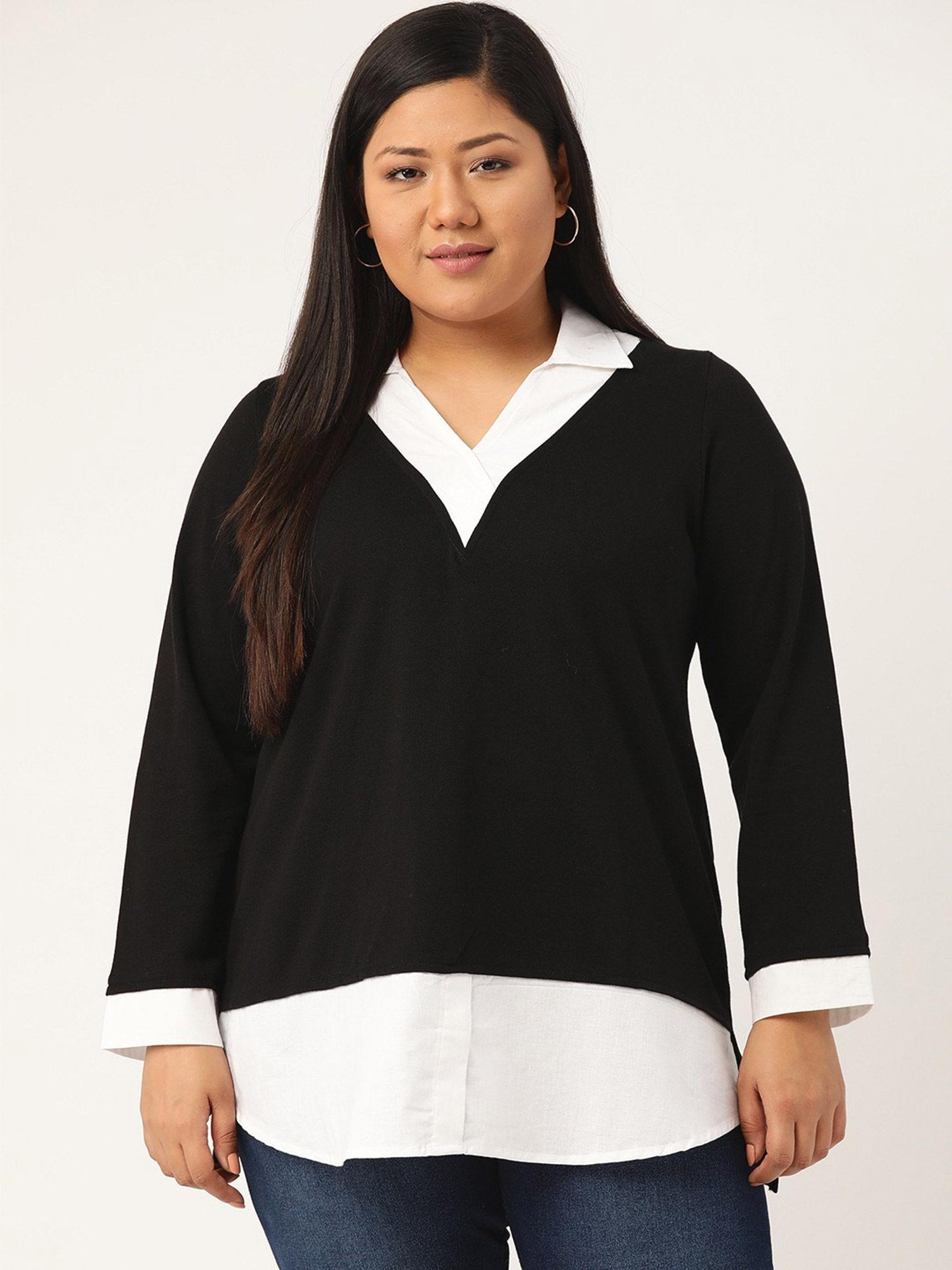 plus size womens black & white shirt collar cotton top