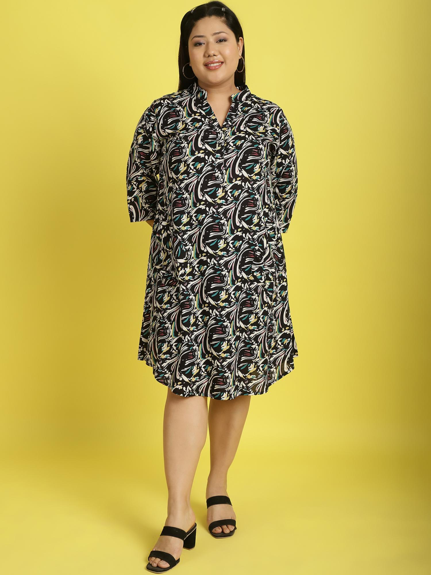 plus size womens black abstract printed shirt knee length dress