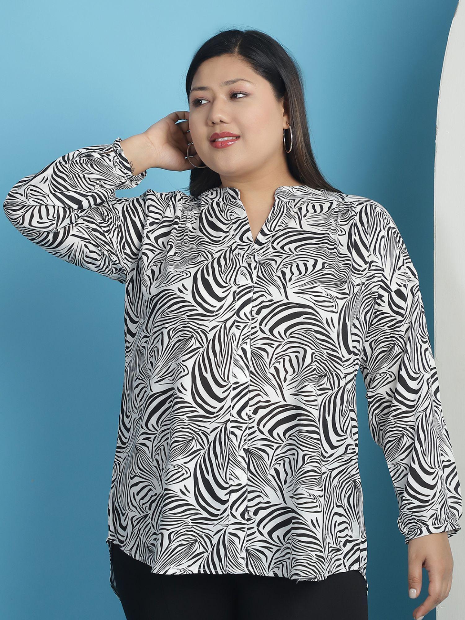 plus size womens black and white zebra printed mandarin collar tunic