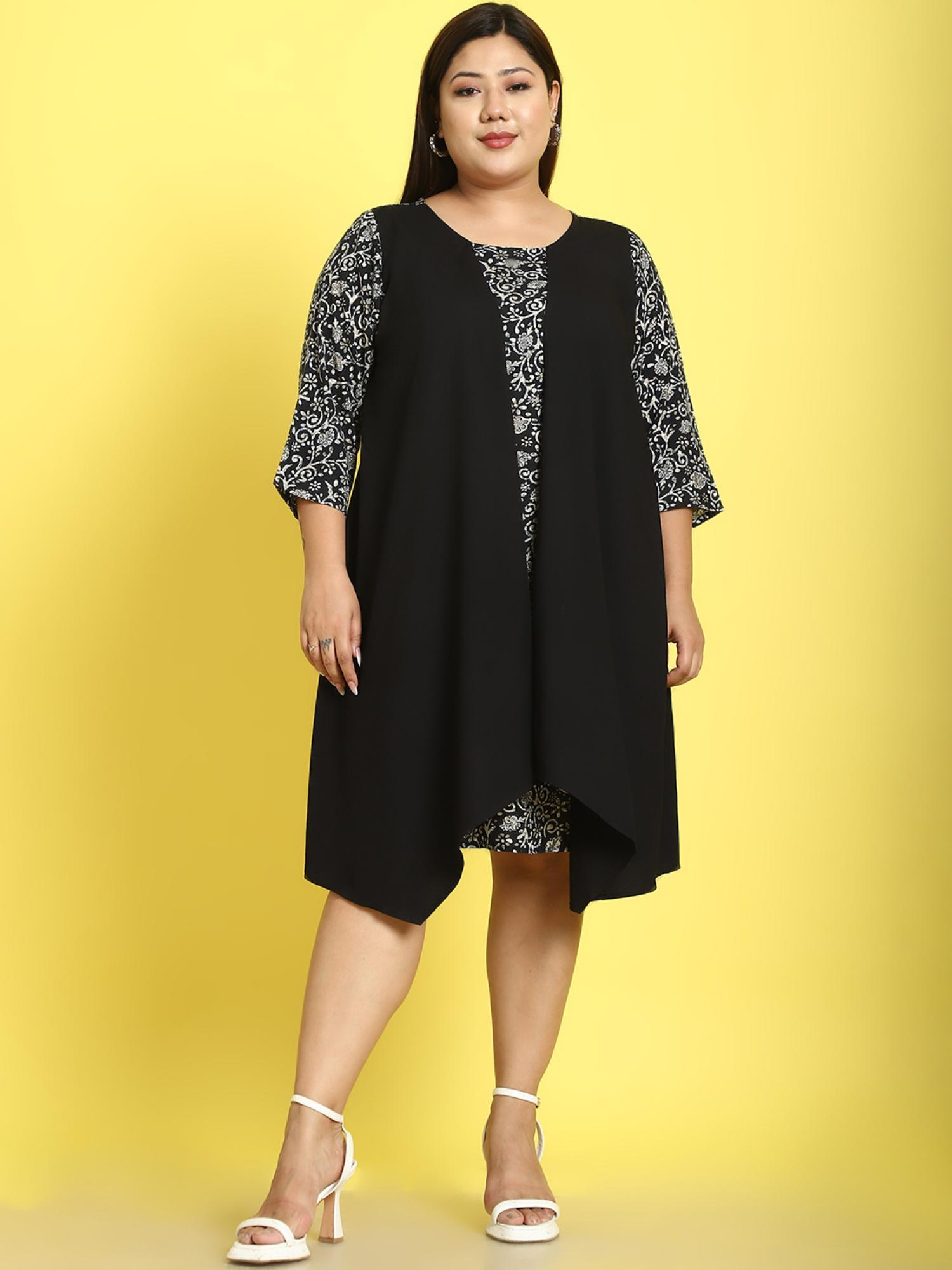 plus size womens black batik floral printed a-line knee dress