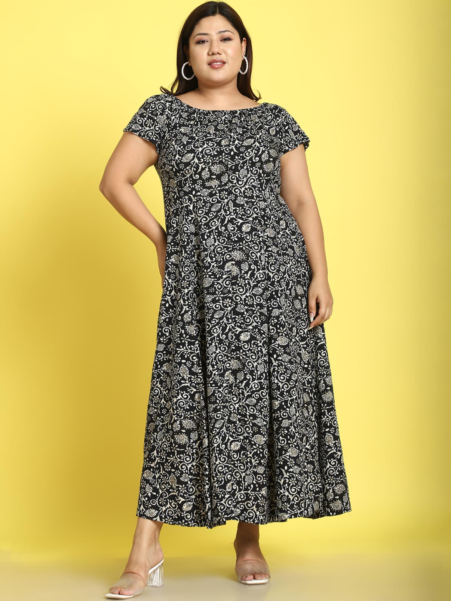 plus size womens black batik floral printed a-line maxi dress