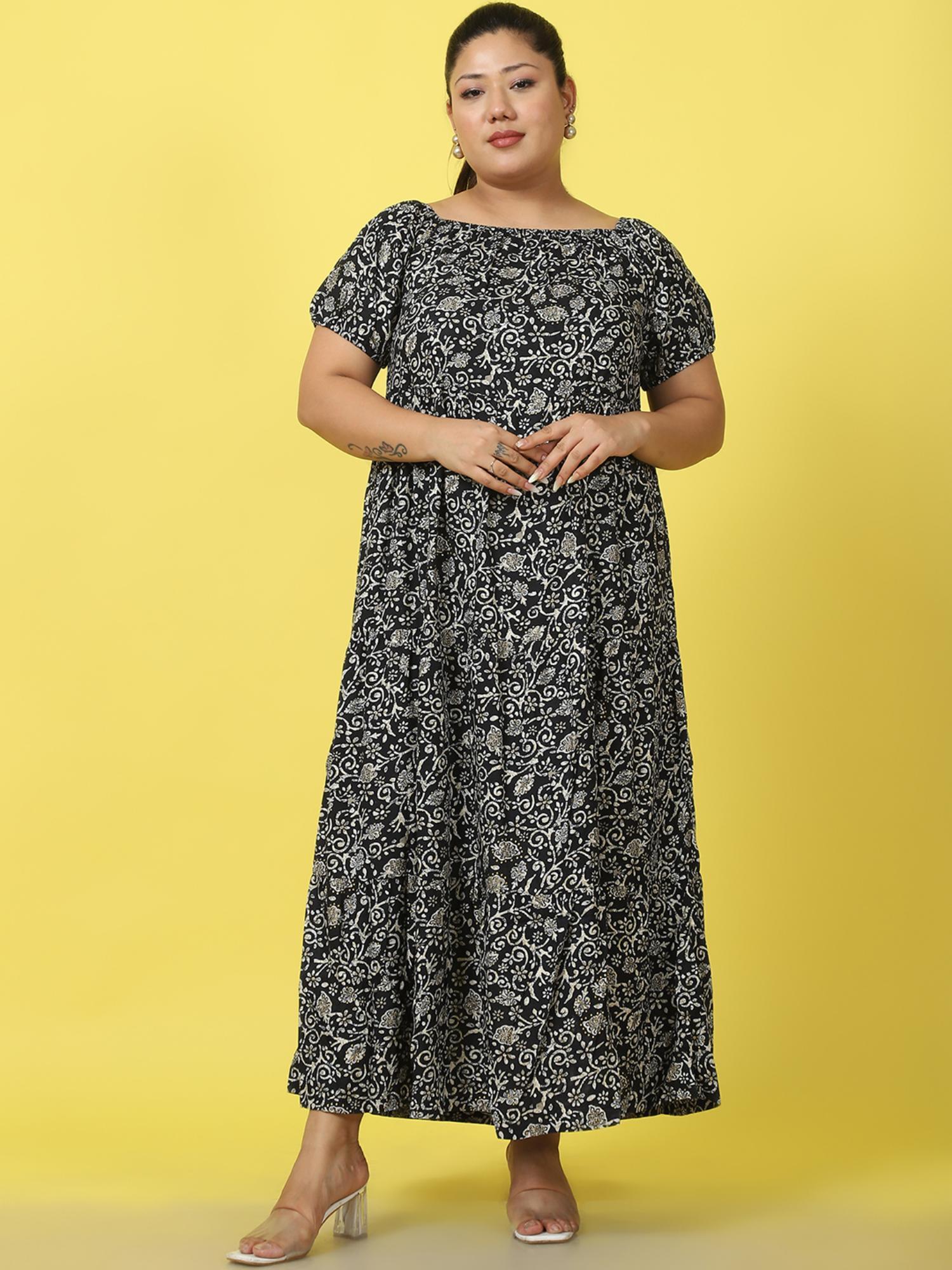 plus size womens black batik floral printed a-line maxi dress