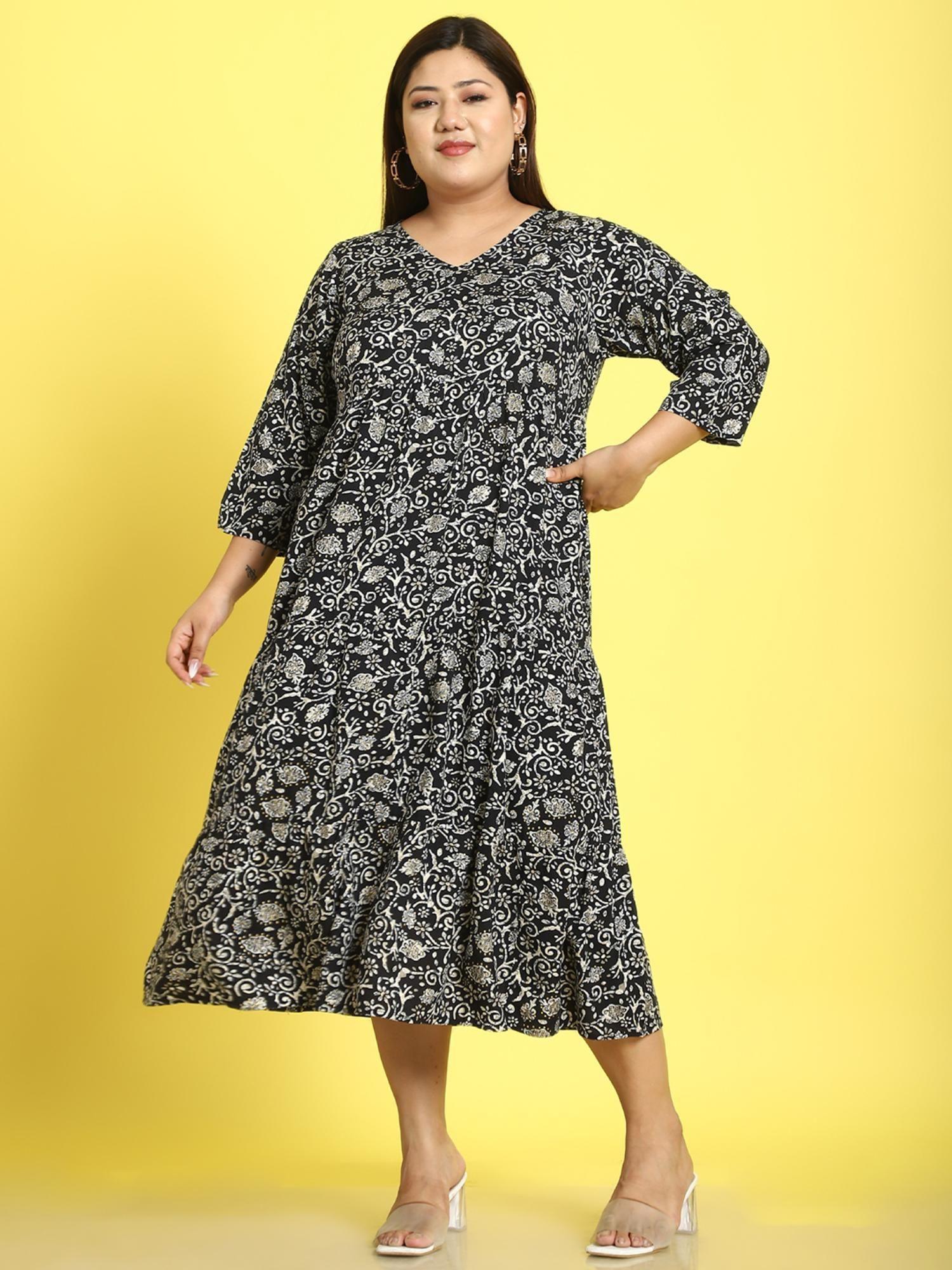 plus size womens black batik floral printed a-line midi dress