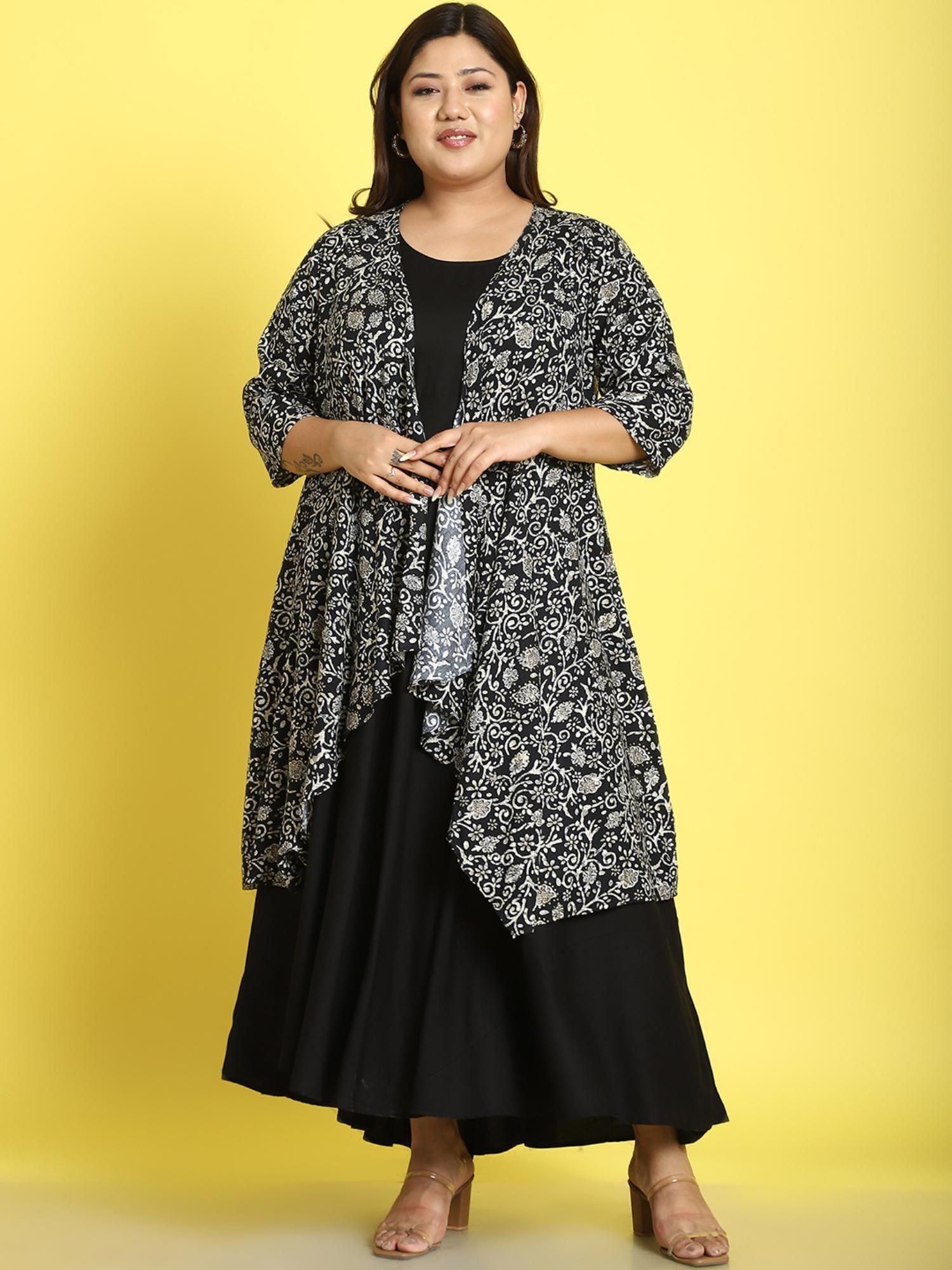 plus size womens black batik floral printed maxi dress with shrug (set of 2)